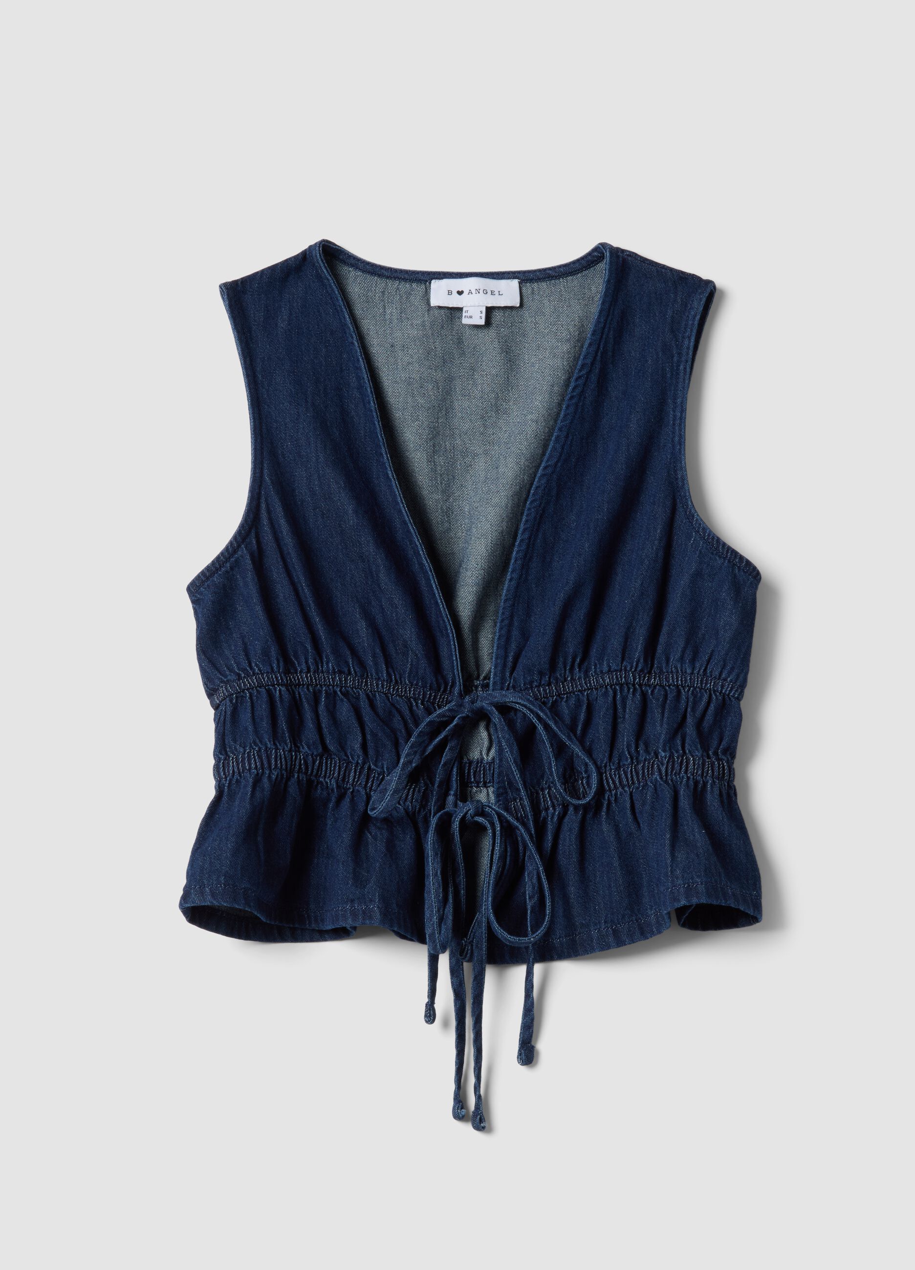 Blue sleeveless denim blouse in pure cotton, slim fit with tie fastening