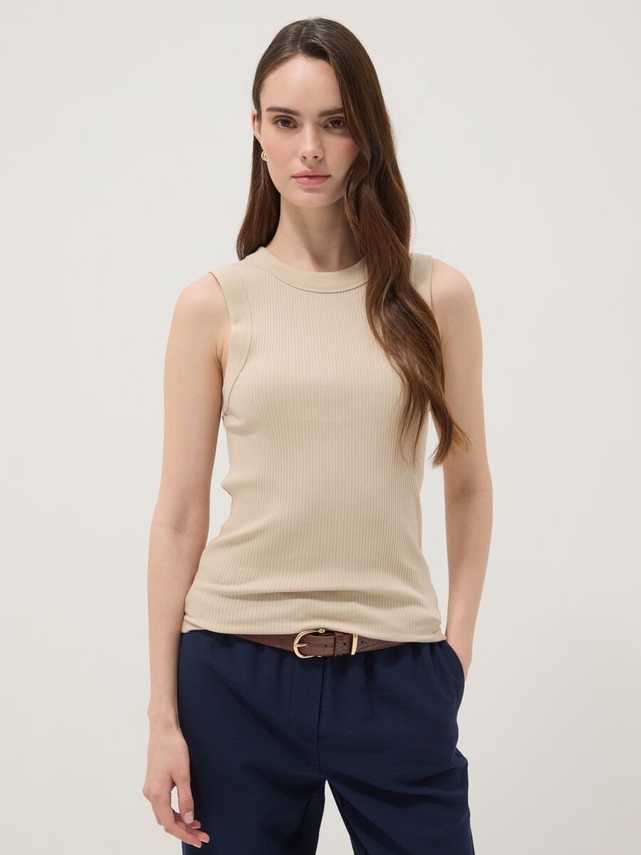 Beige fitted ribbed stretch-cotton tank top_1