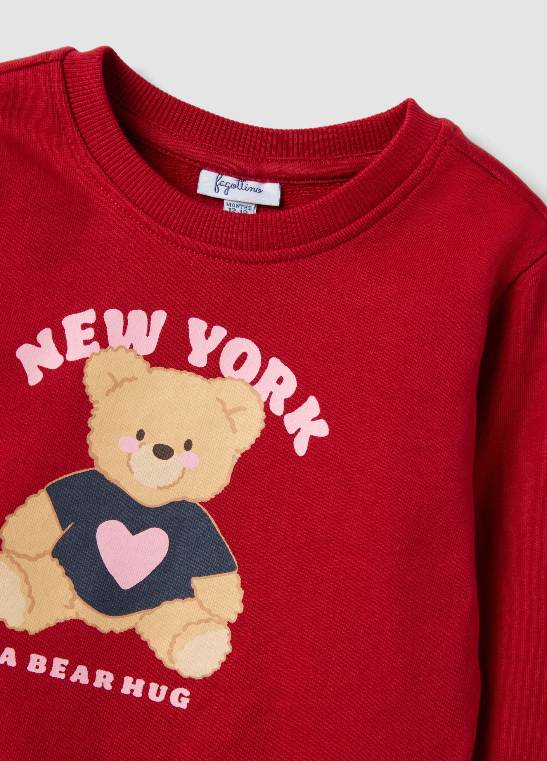 Red pure cotton crew-neck sweatshirt with teddy bear print for baby girl