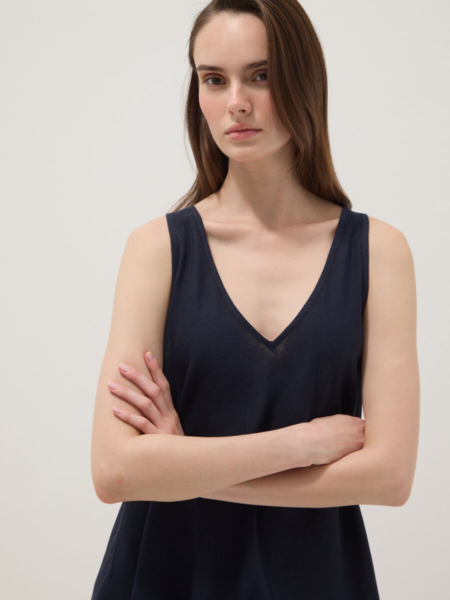 Blue linen-viscose blend midi dress with V-neck and regular fit_2
