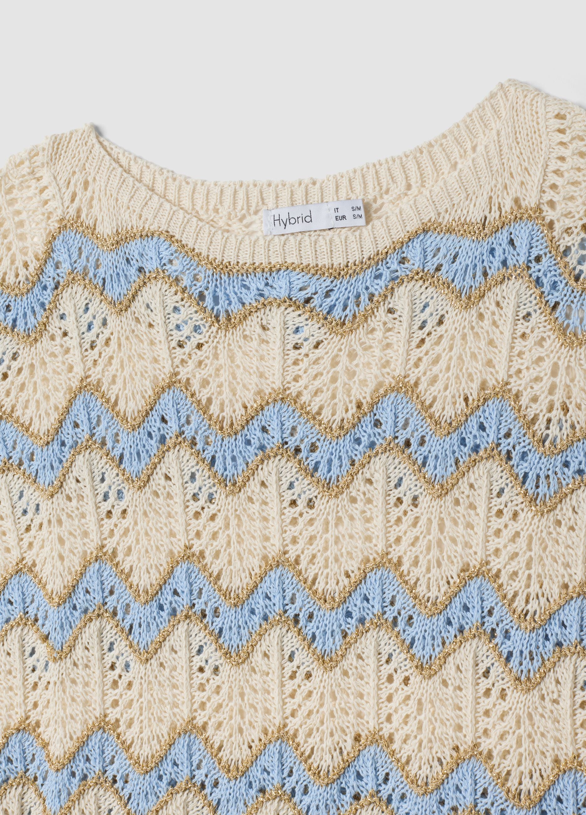 Beige open-knit top with light blue stripes in stretch cotton, regular fit