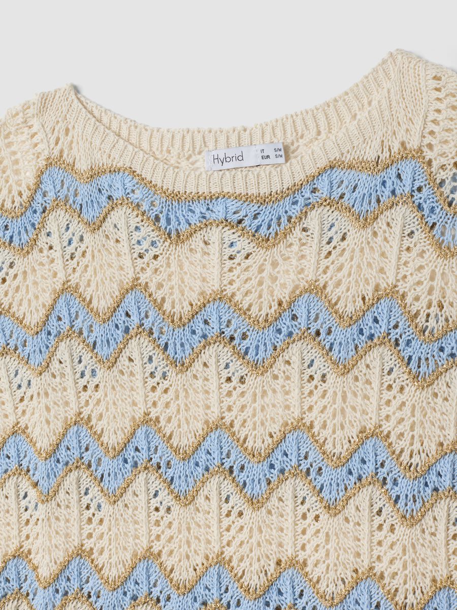 Beige open-knit top with light blue stripes in stretch cotton, regular fit_5