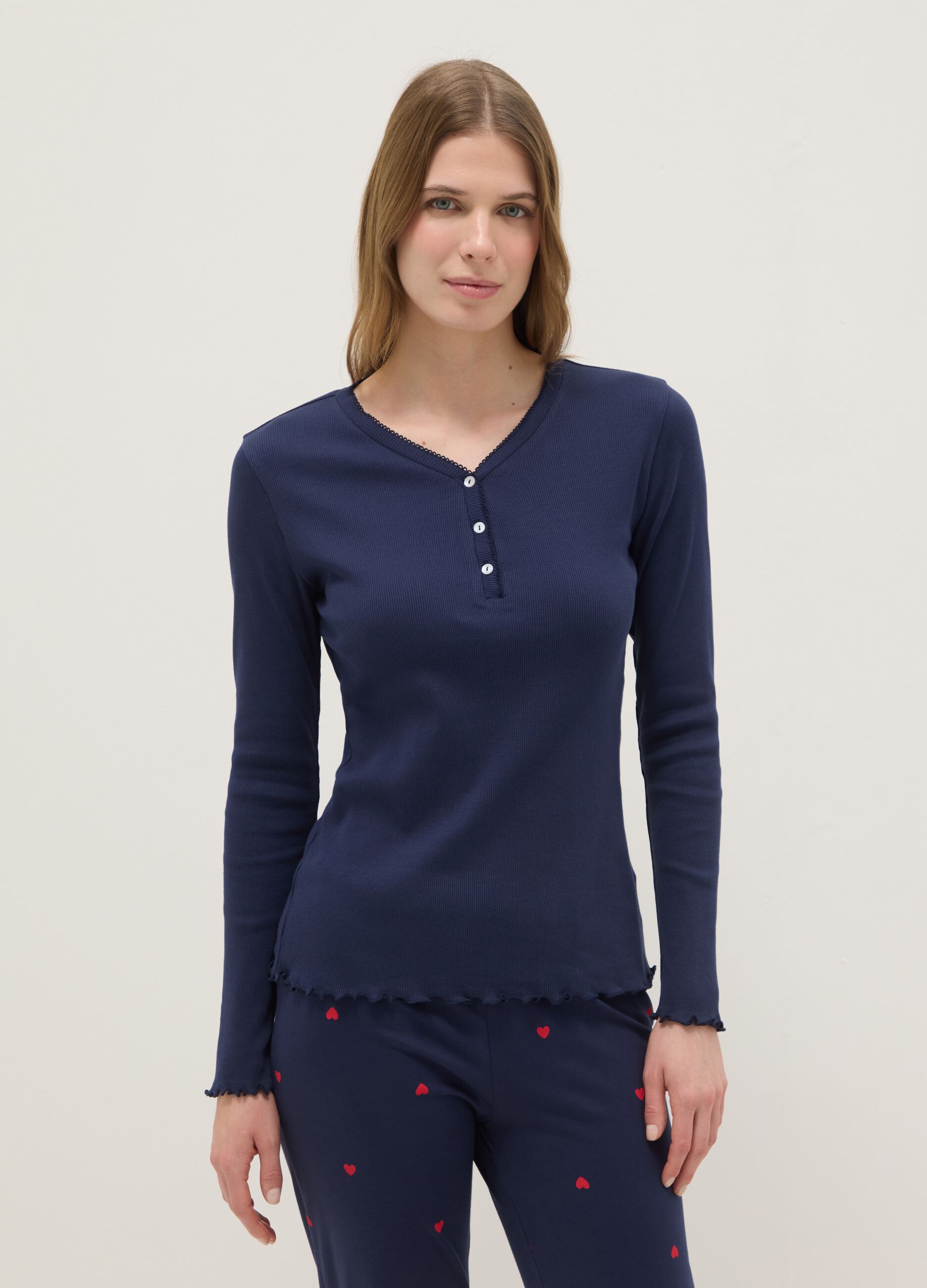 Blue pure cotton long-sleeve top in regular fit with Henley collar