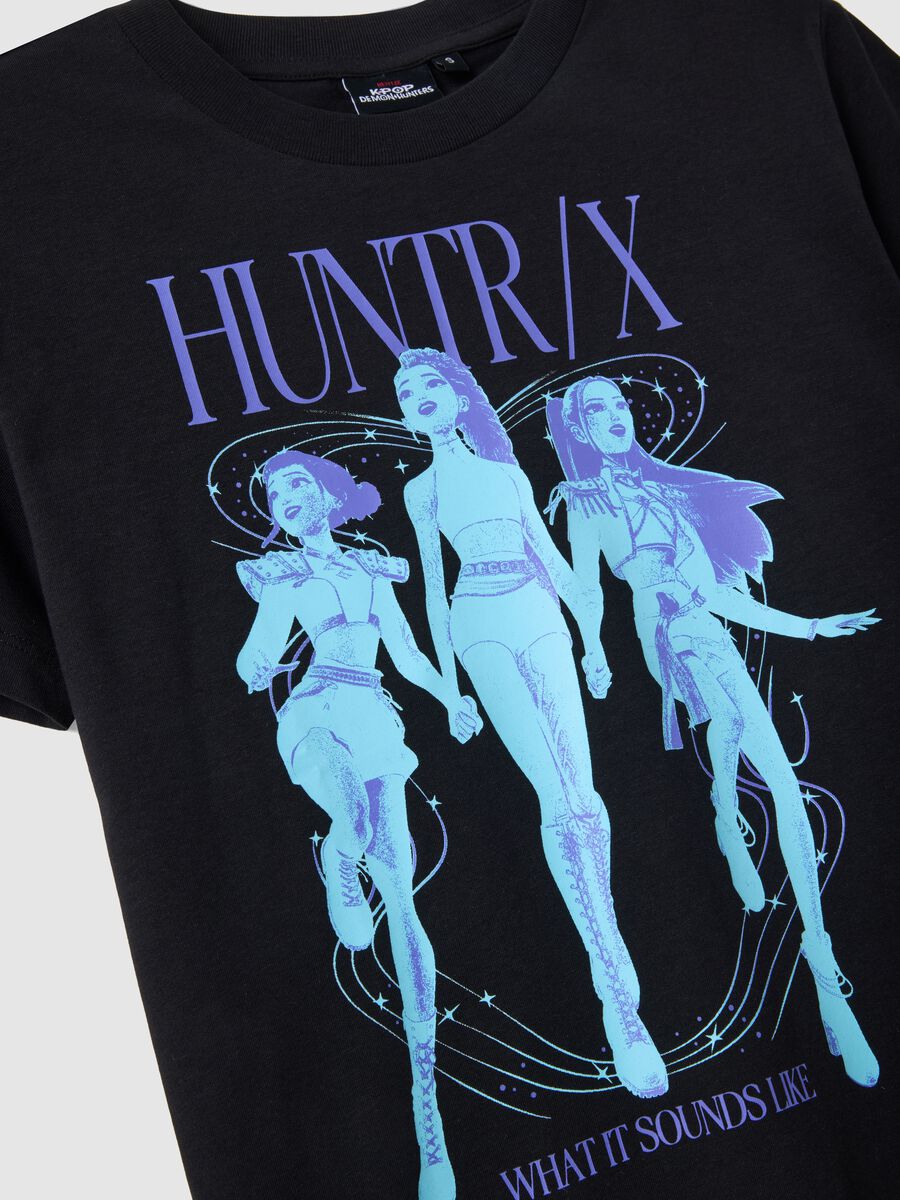 Black pure cotton T-shirt with K-Pop Demon Hunters print, oversized fit_5