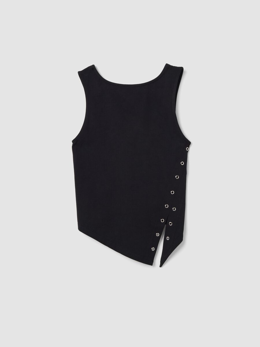 Black stretch-cotton top with asymmetric hem and metal eyelets_0