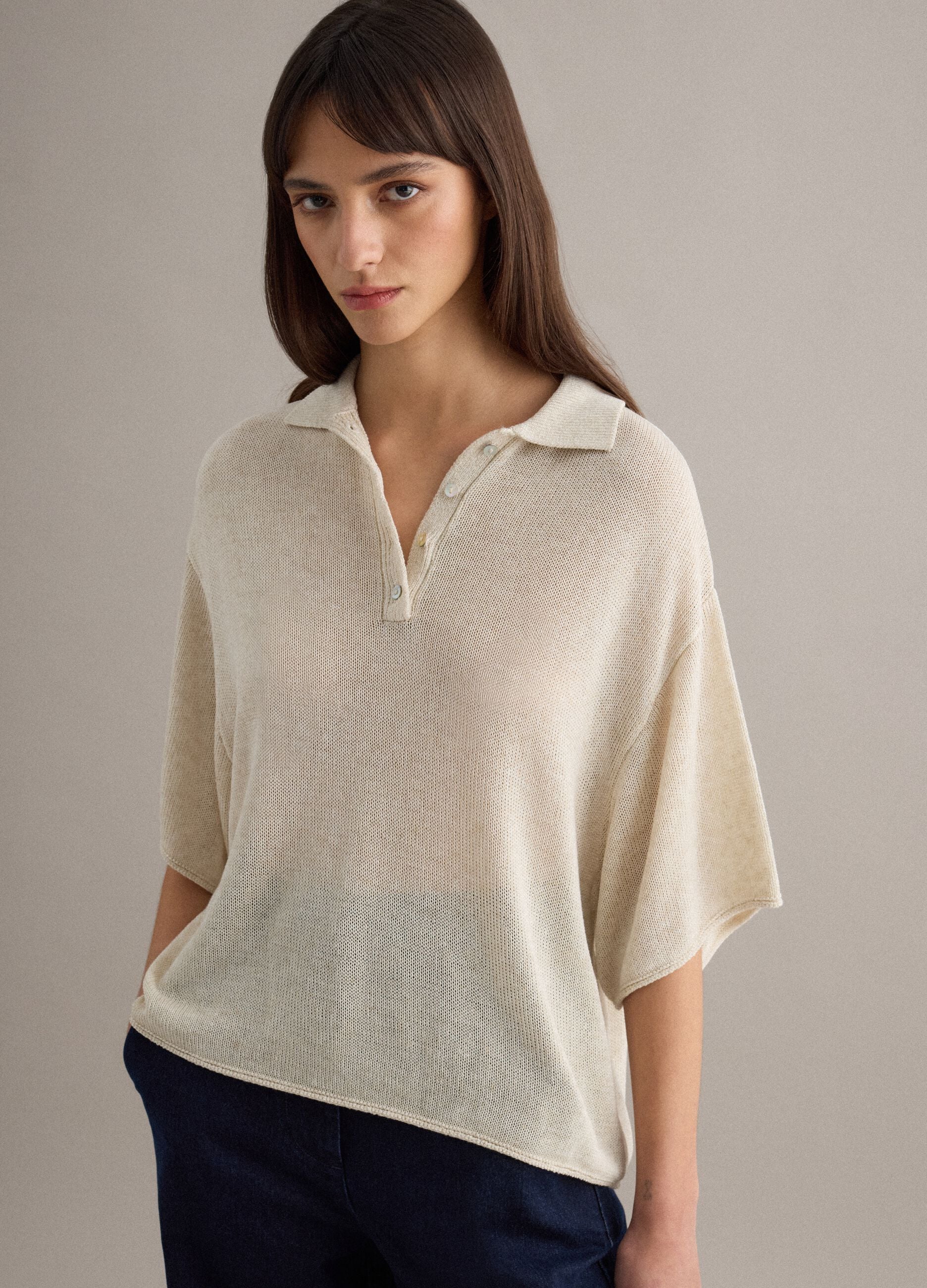 Beige Regular Fit Polo with Elbow-Length Sleeves