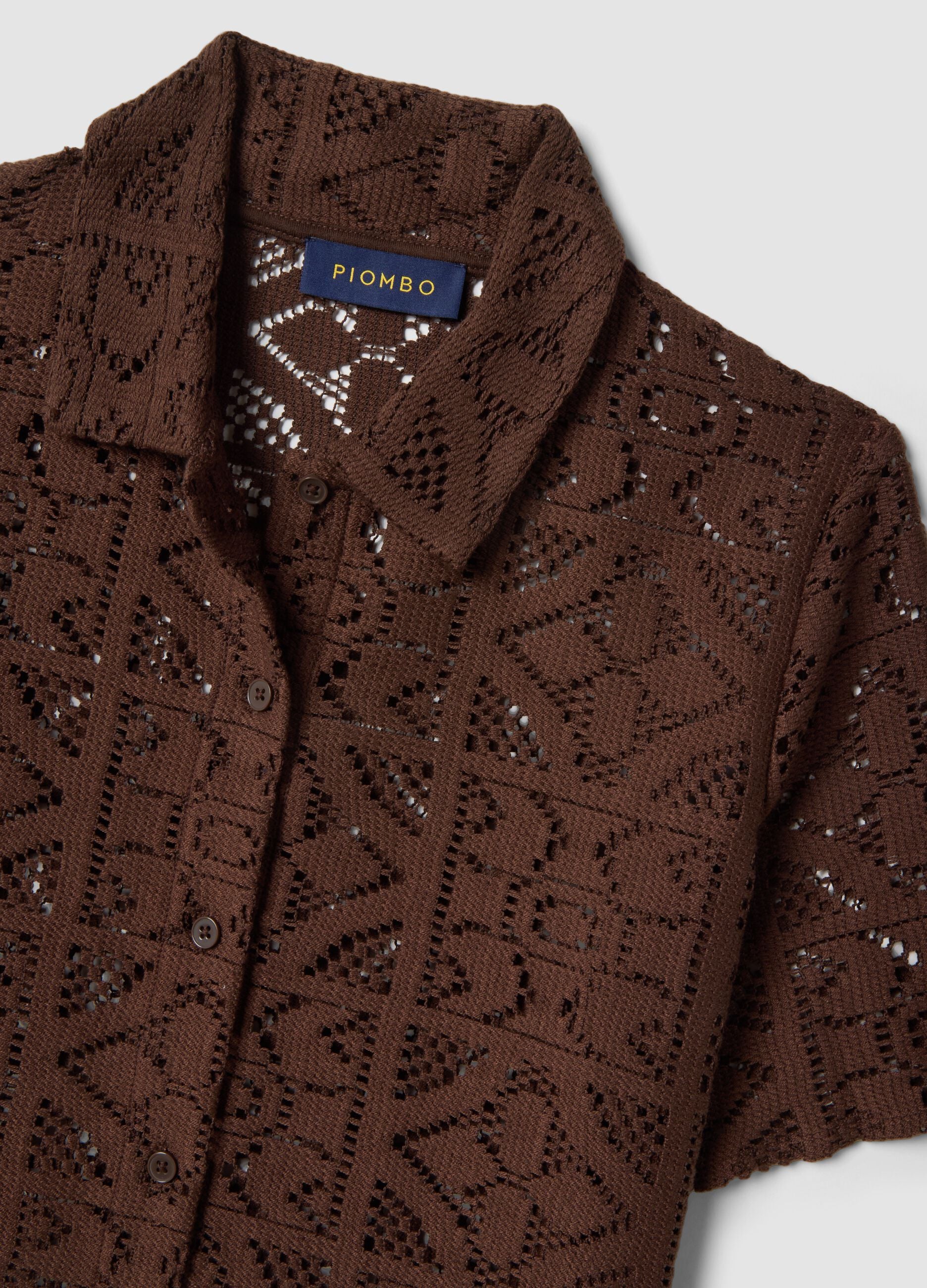 Brown open-knit short-sleeve polo shirt, regular fit
