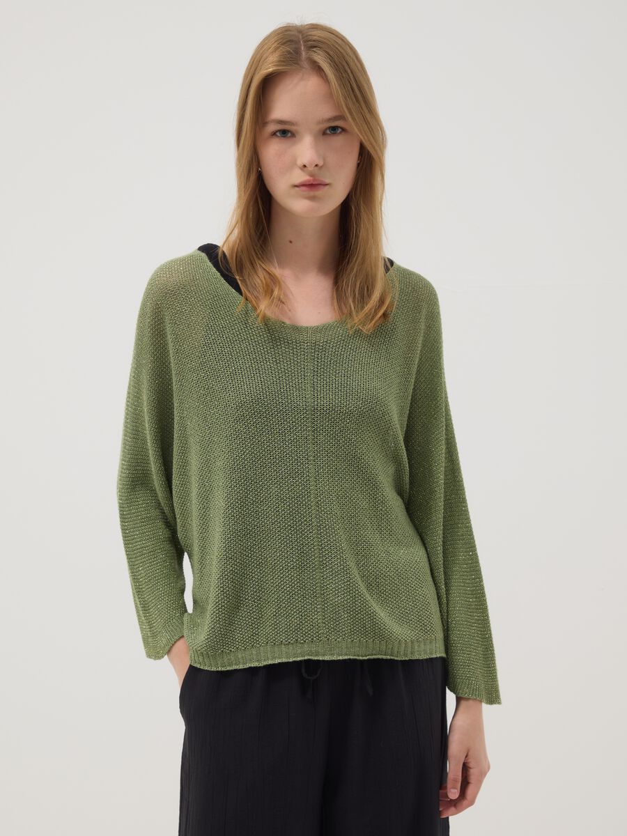 Green V-neck top in viscose and linen blend_1