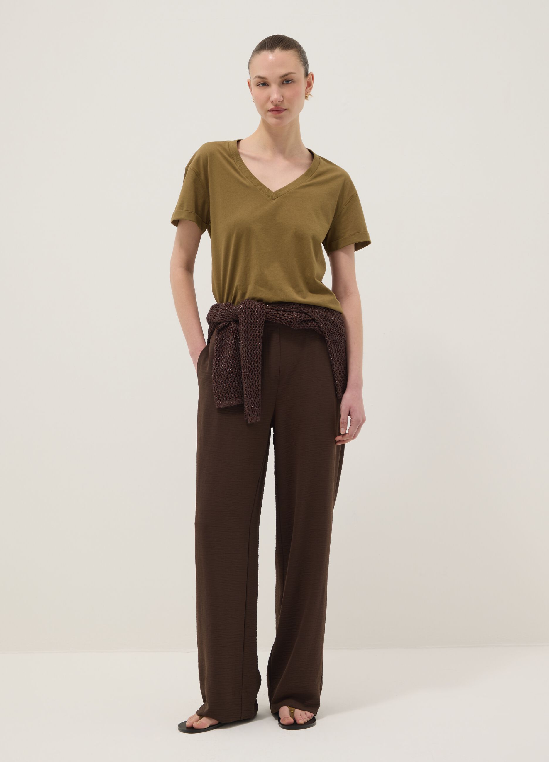 Green pure cotton V-neck relaxed fit T-shirt