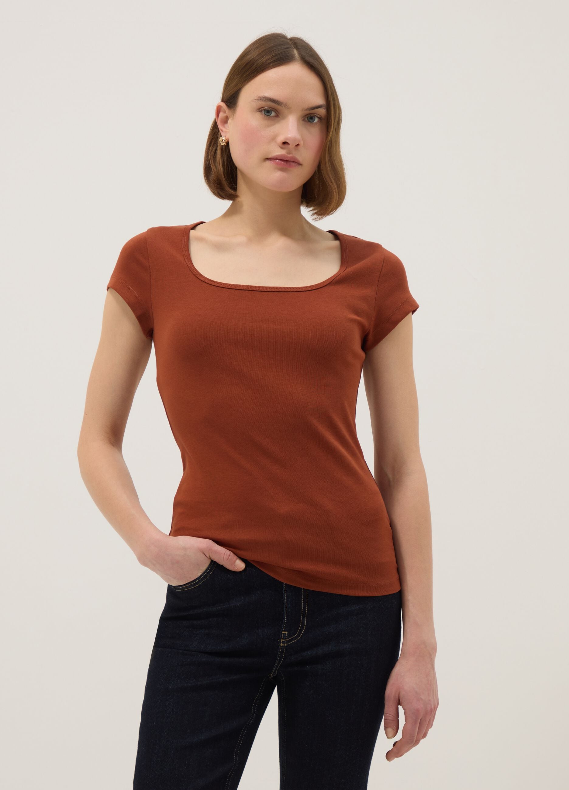 Orange fitted stretch-cotton T-shirt with square neckline