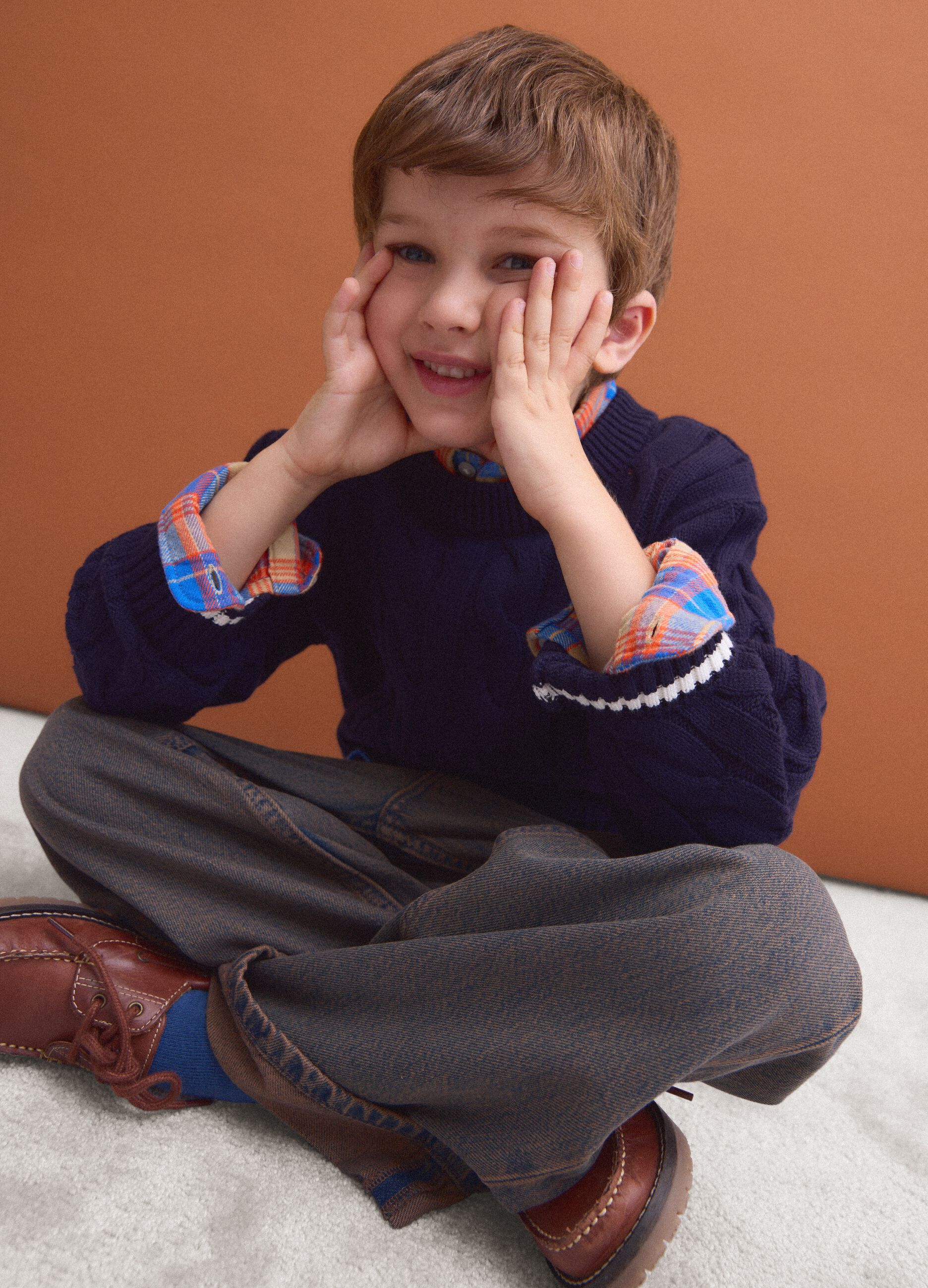 Blue pure cotton cable-knit oversized jumper for boys