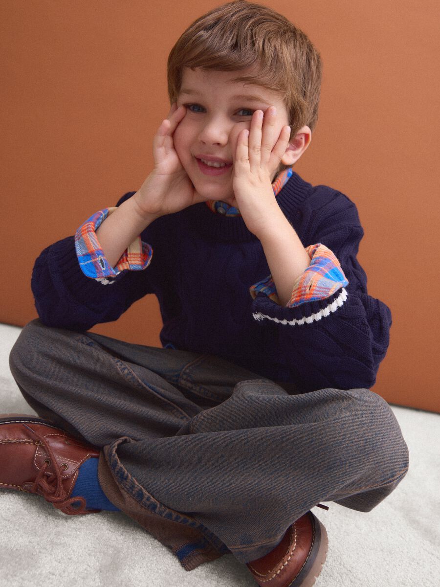 Blue pure cotton cable-knit oversized jumper for boys_0