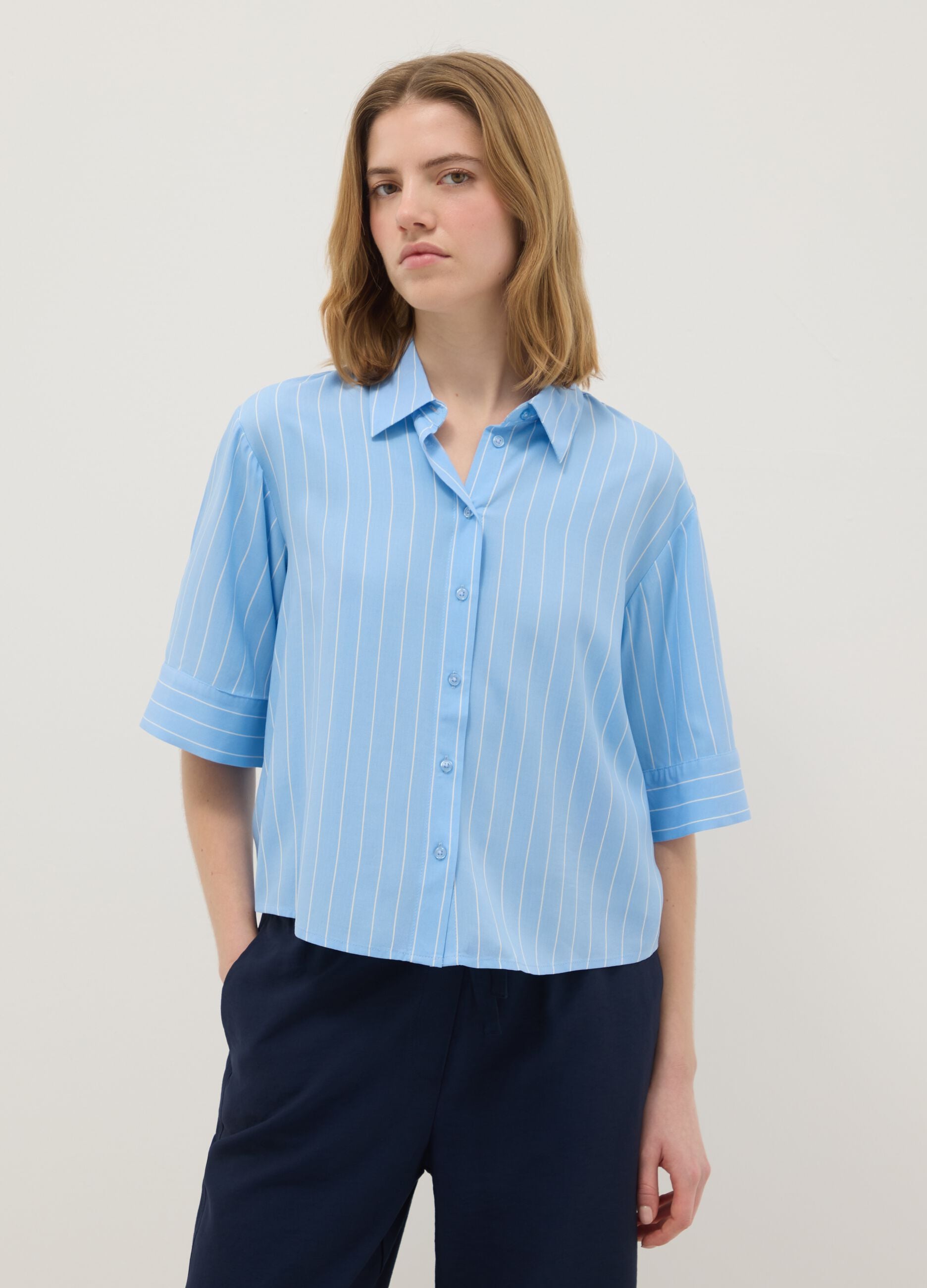 Pure viscose light blue striped regular fit shirt