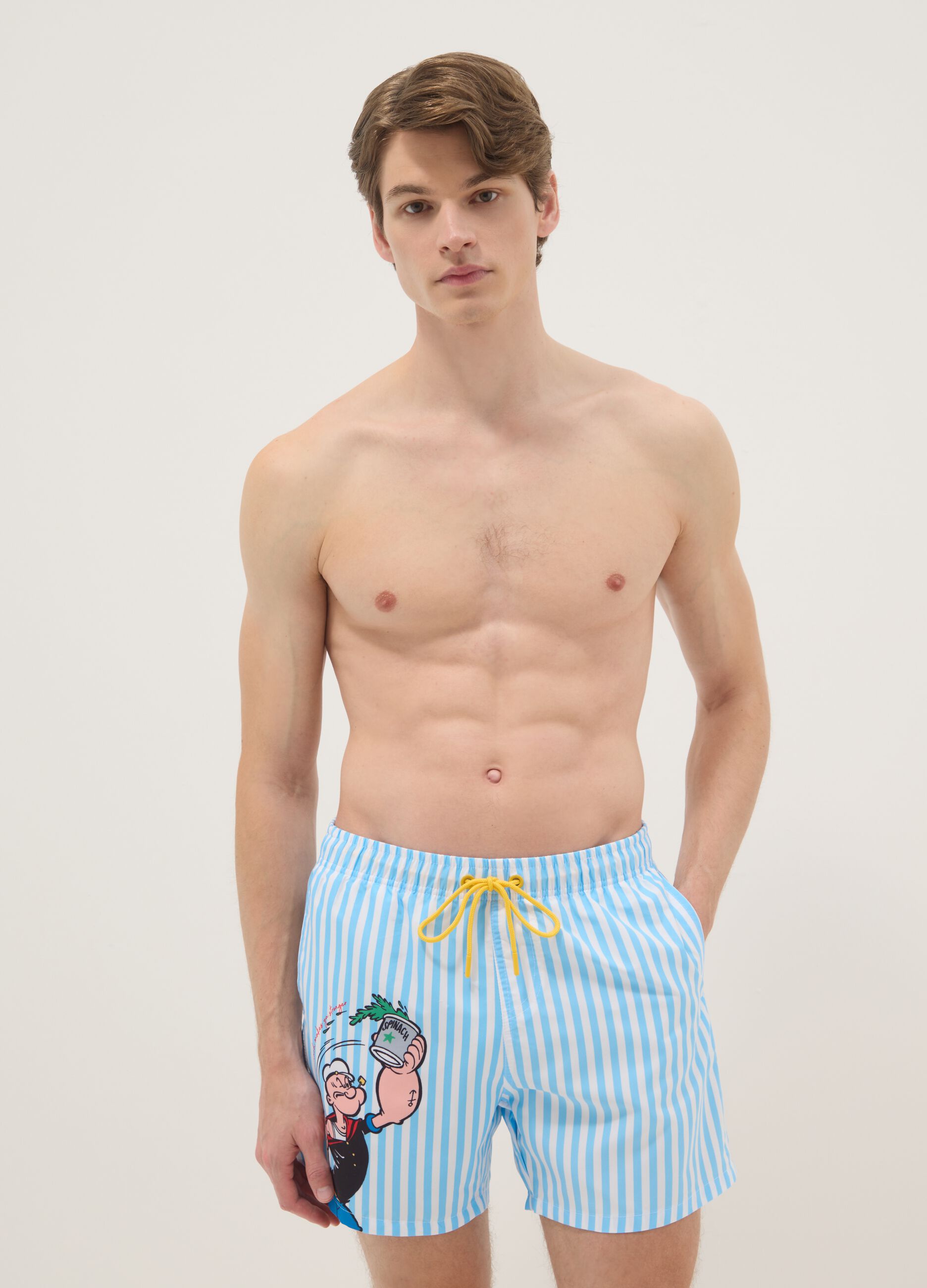 Multicolour striped swim shorts with Popeye print