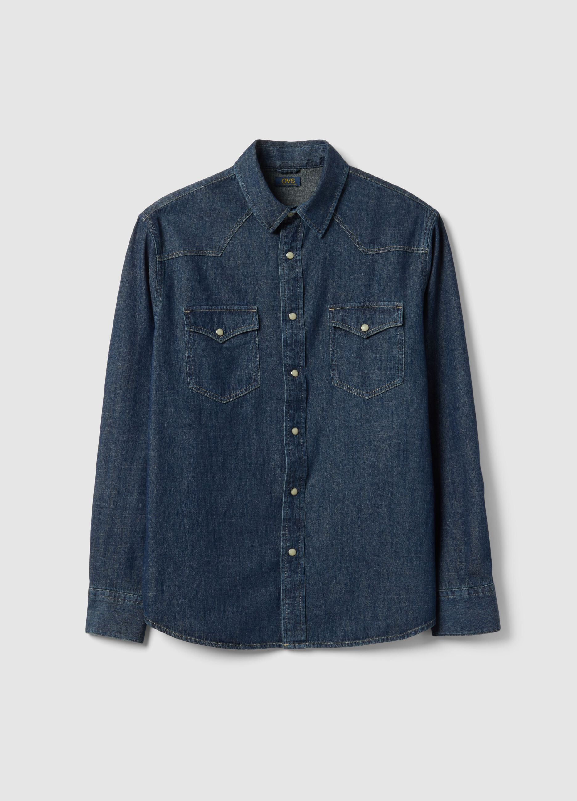 Blue pure cotton denim shirt regular fit with pockets