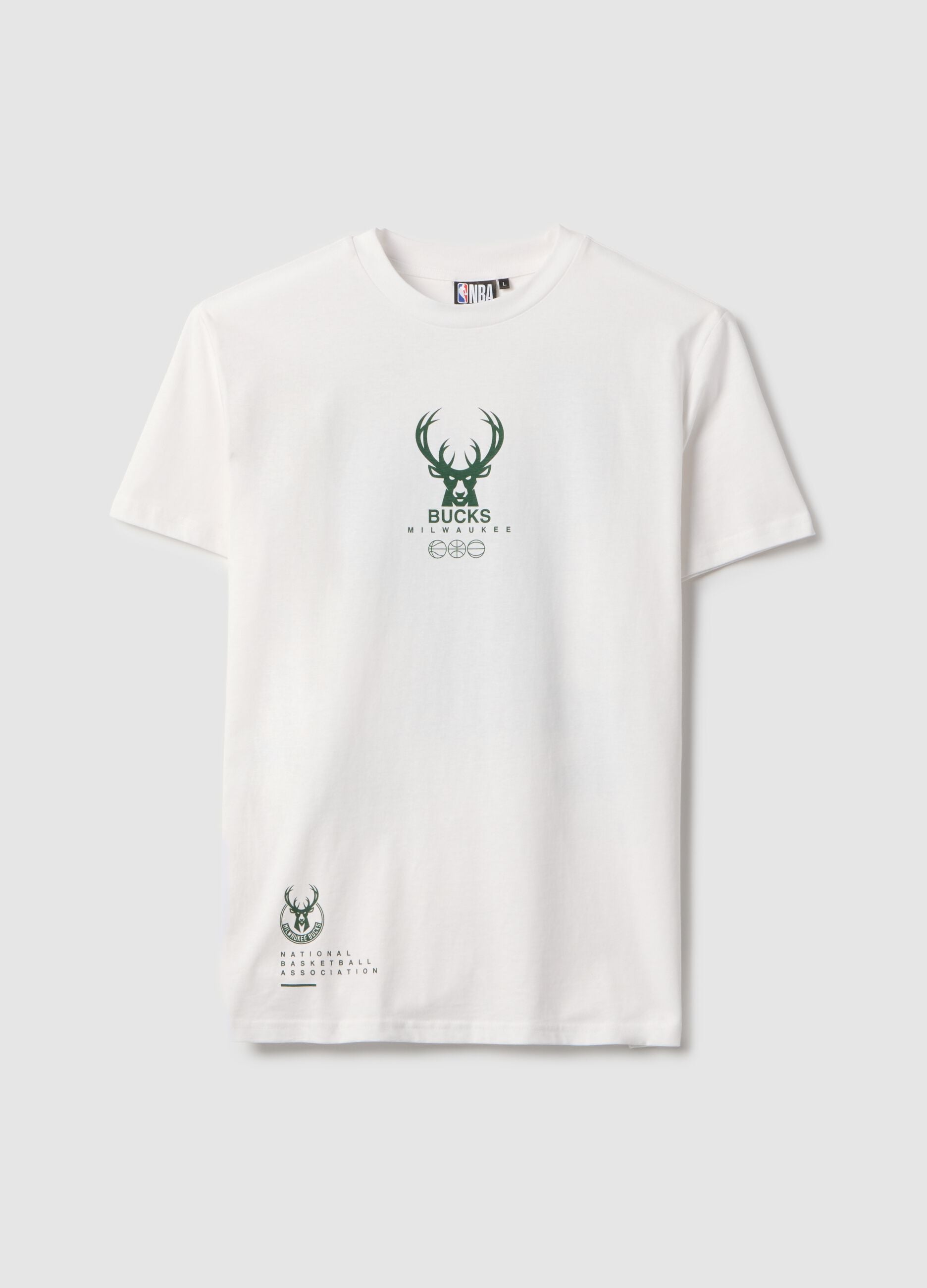 White pure cotton regular fit T-shirt with Milwaukee Bucks logo