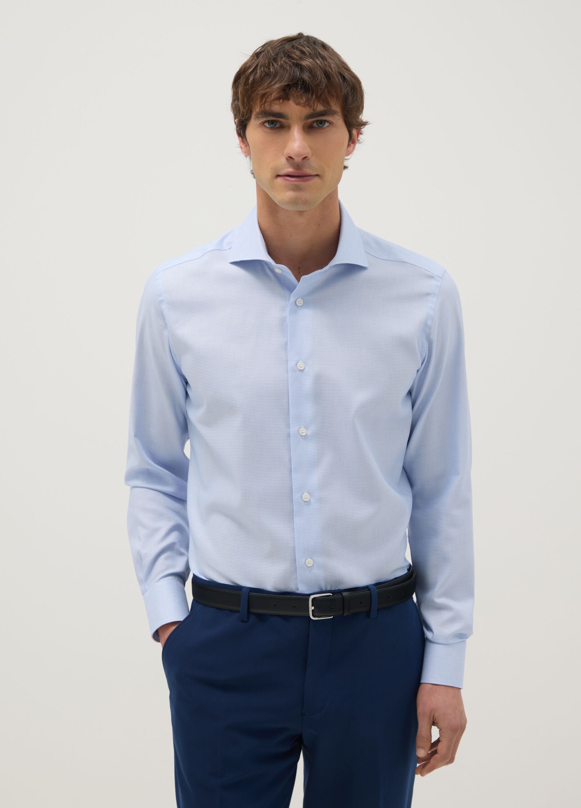 Sky blue pure cotton shirt with slim fit microcheck pattern