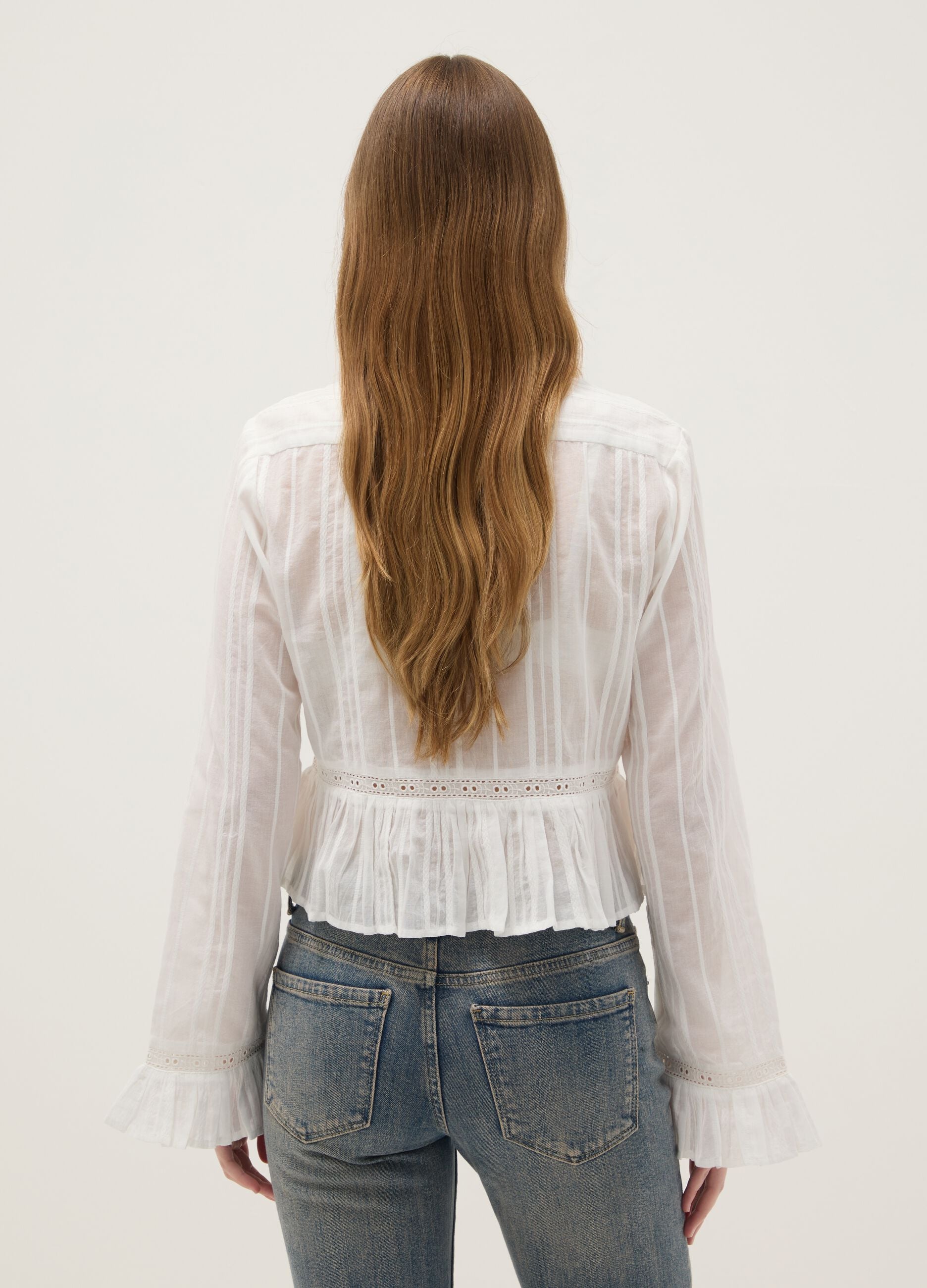 White pure cotton transparent shirt, regular fit with ruffles