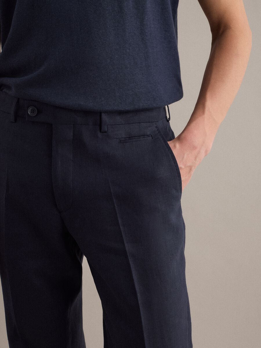 Pantaloni in puro lino blu regular fit_3