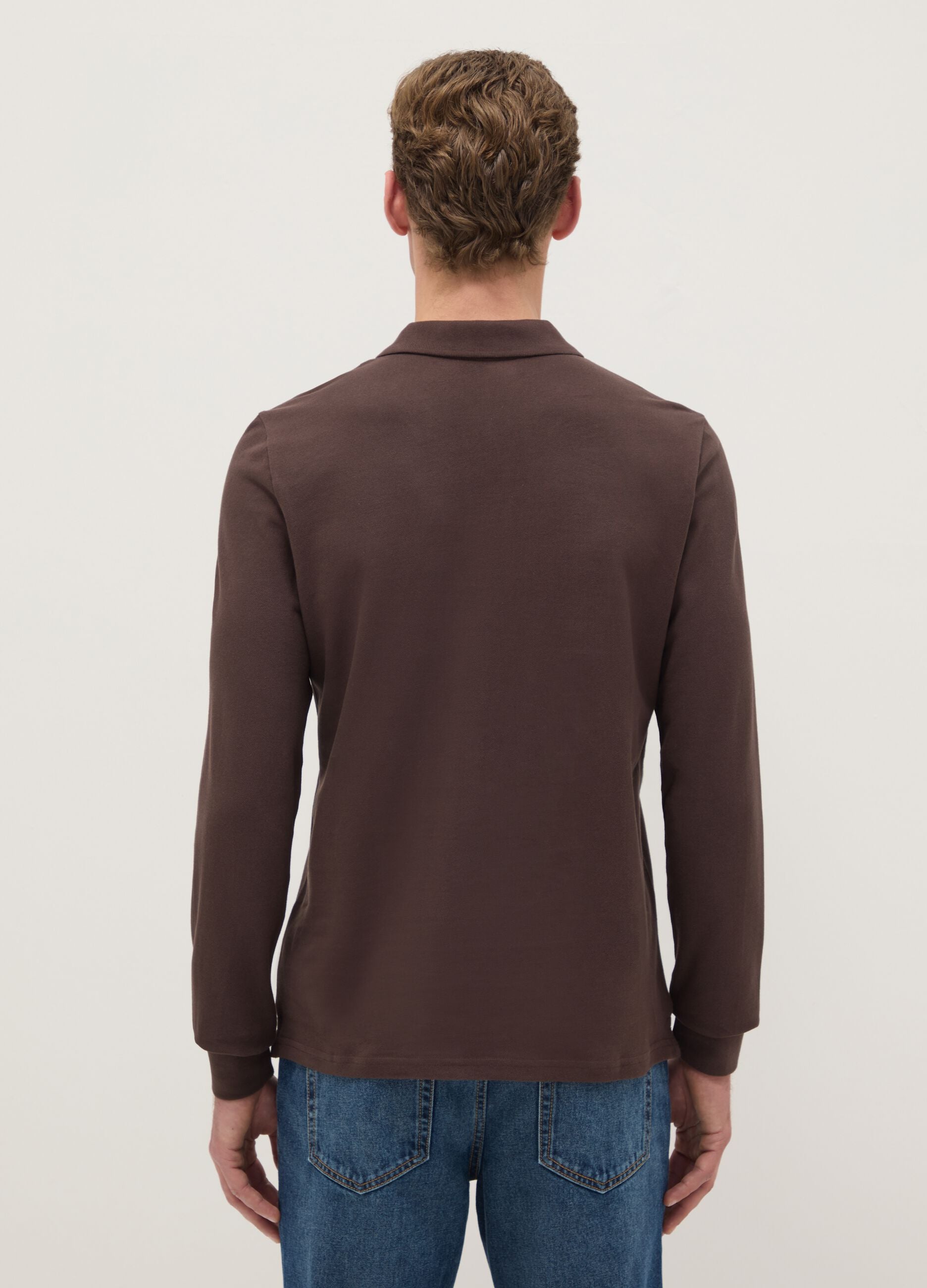 Brown long sleeve polo in pure cotton regular fit