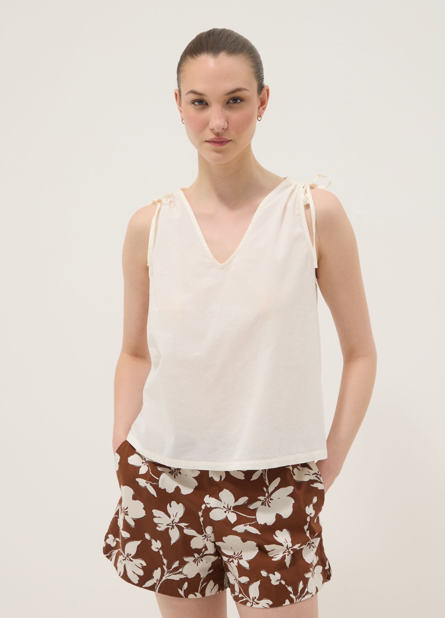 White pure cotton V-neck blouse, regular fit