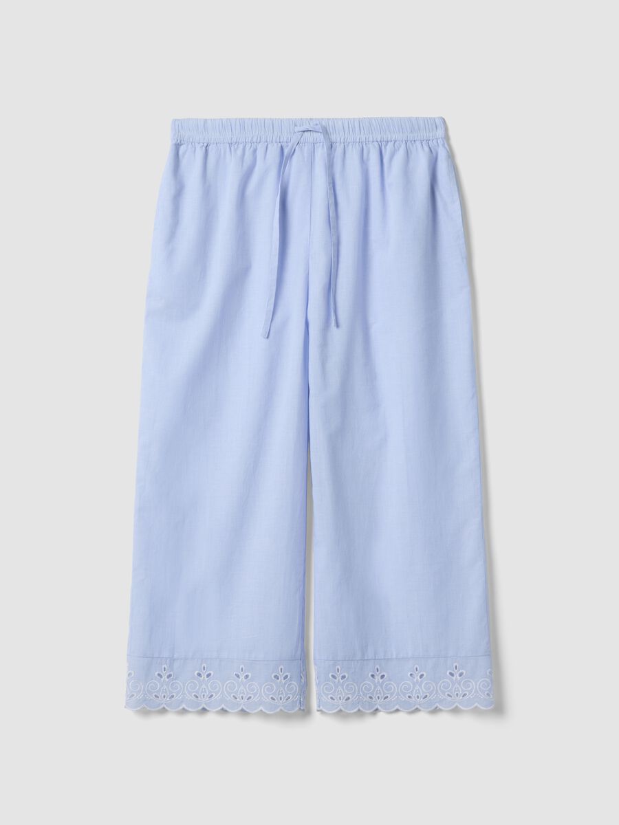 Light blue organic cotton pyjama trousers with broderie anglaise hem_4
