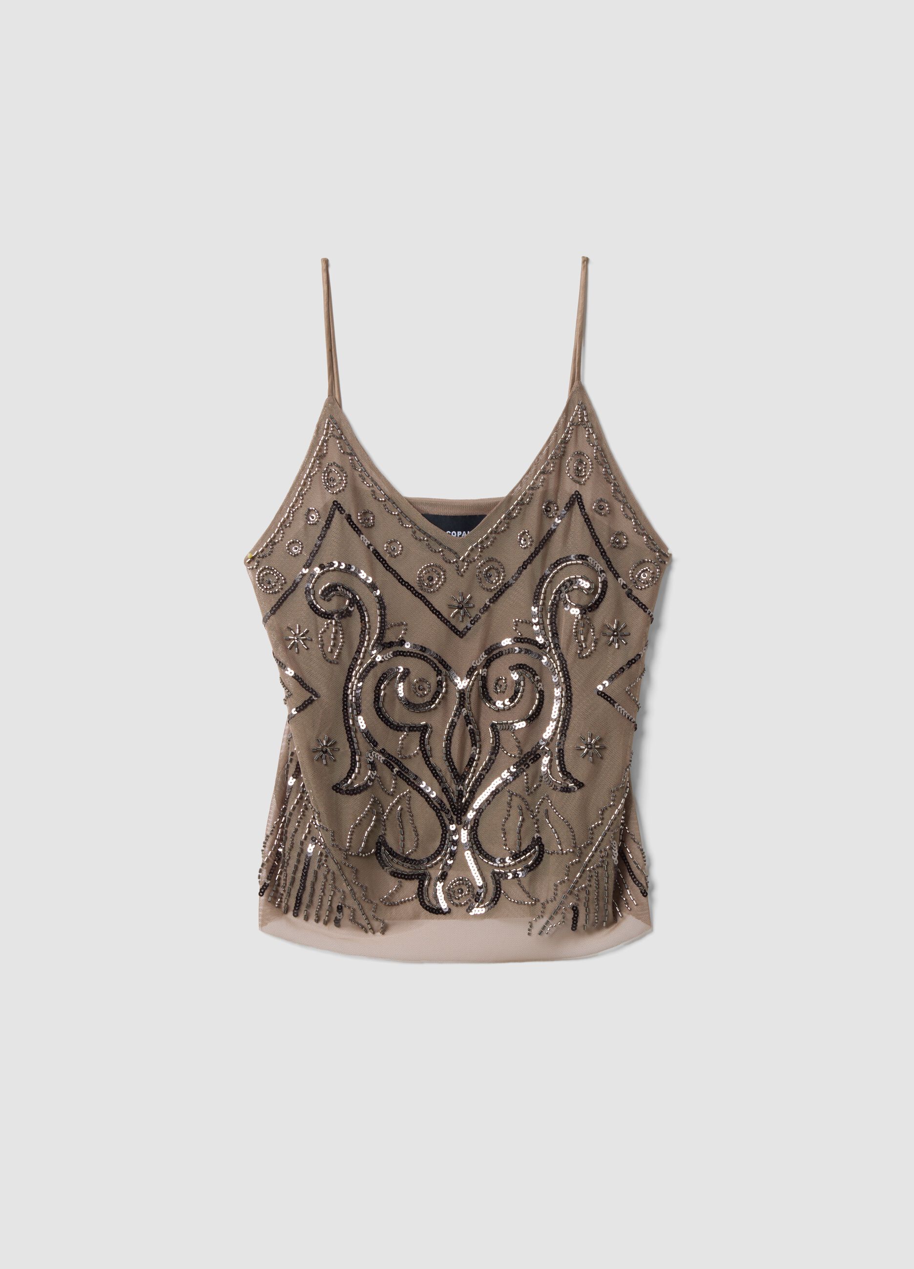 Beige fitted tank top with thin straps in stretch fabric