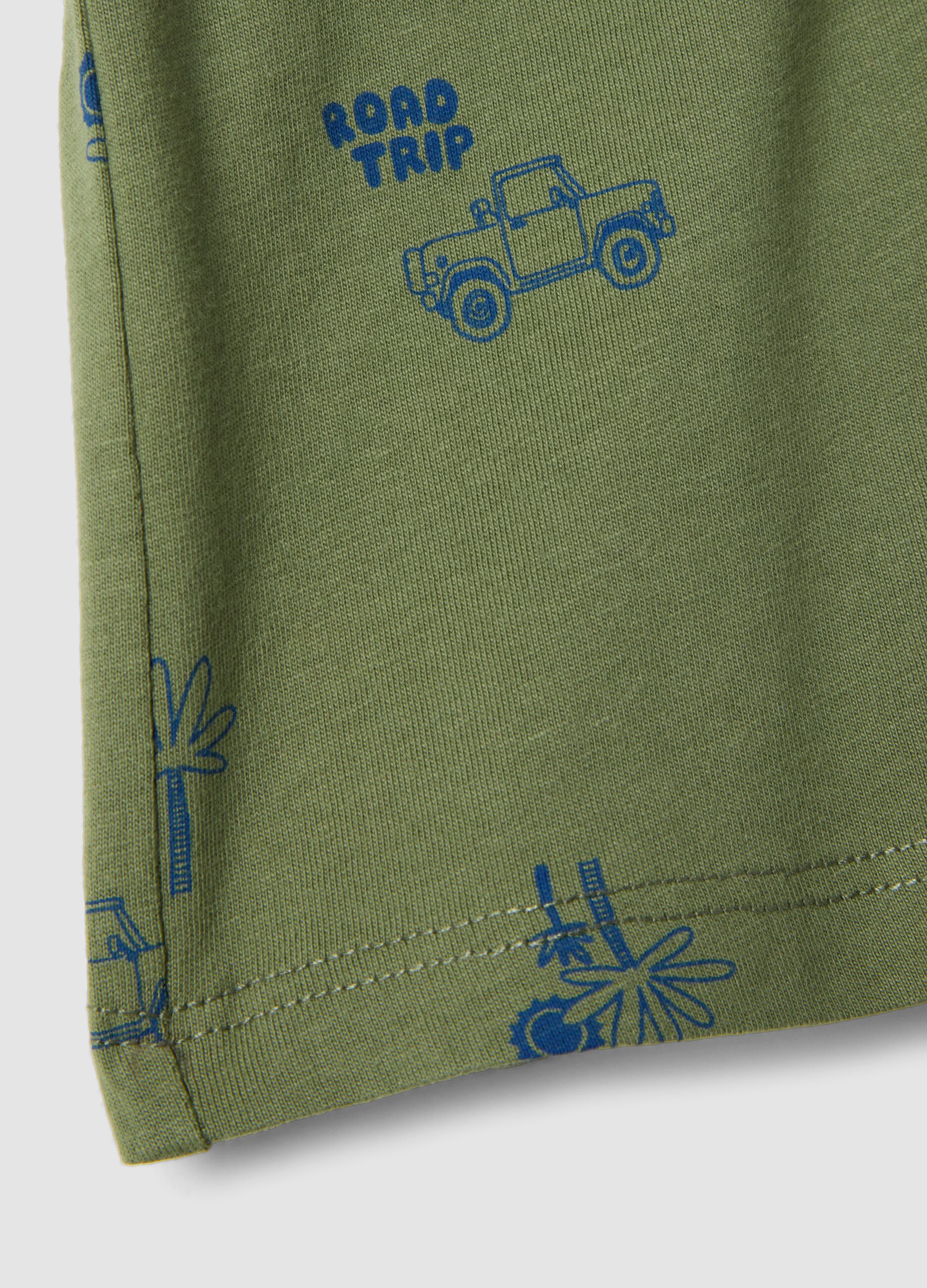 Green pure cotton shorts for children regular fit with prints