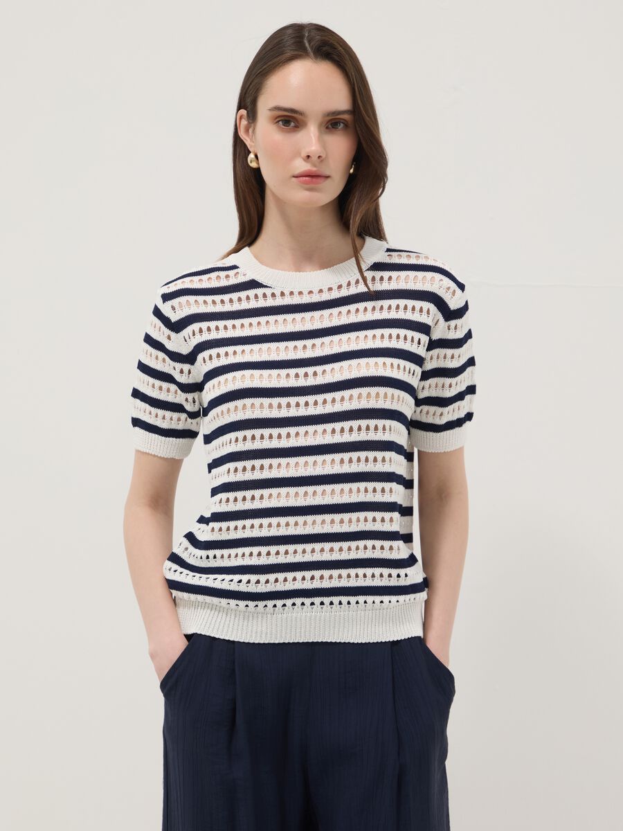 White and blue striped regular-fit openwork viscose-blend T-shirt_1