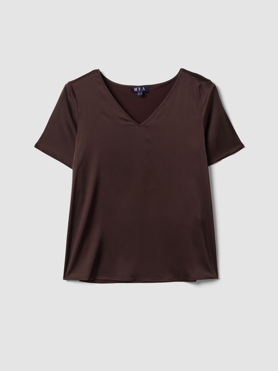 Brown satin stretch V-neck blouse, regular fit_0