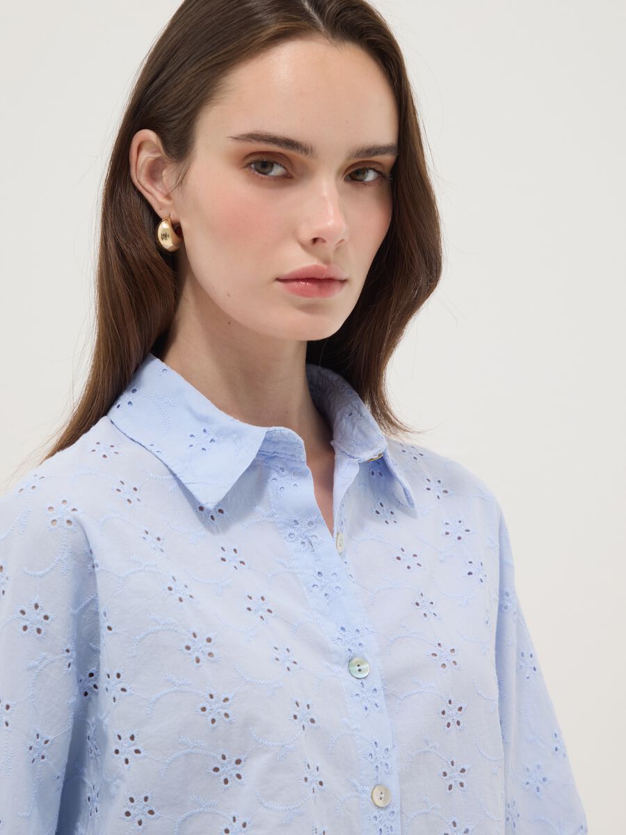 Sky blue openwork pure cotton shirt, regular fit_0