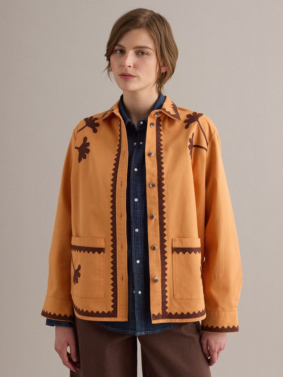 Orange pure cotton jacket with contrast embroidery_0