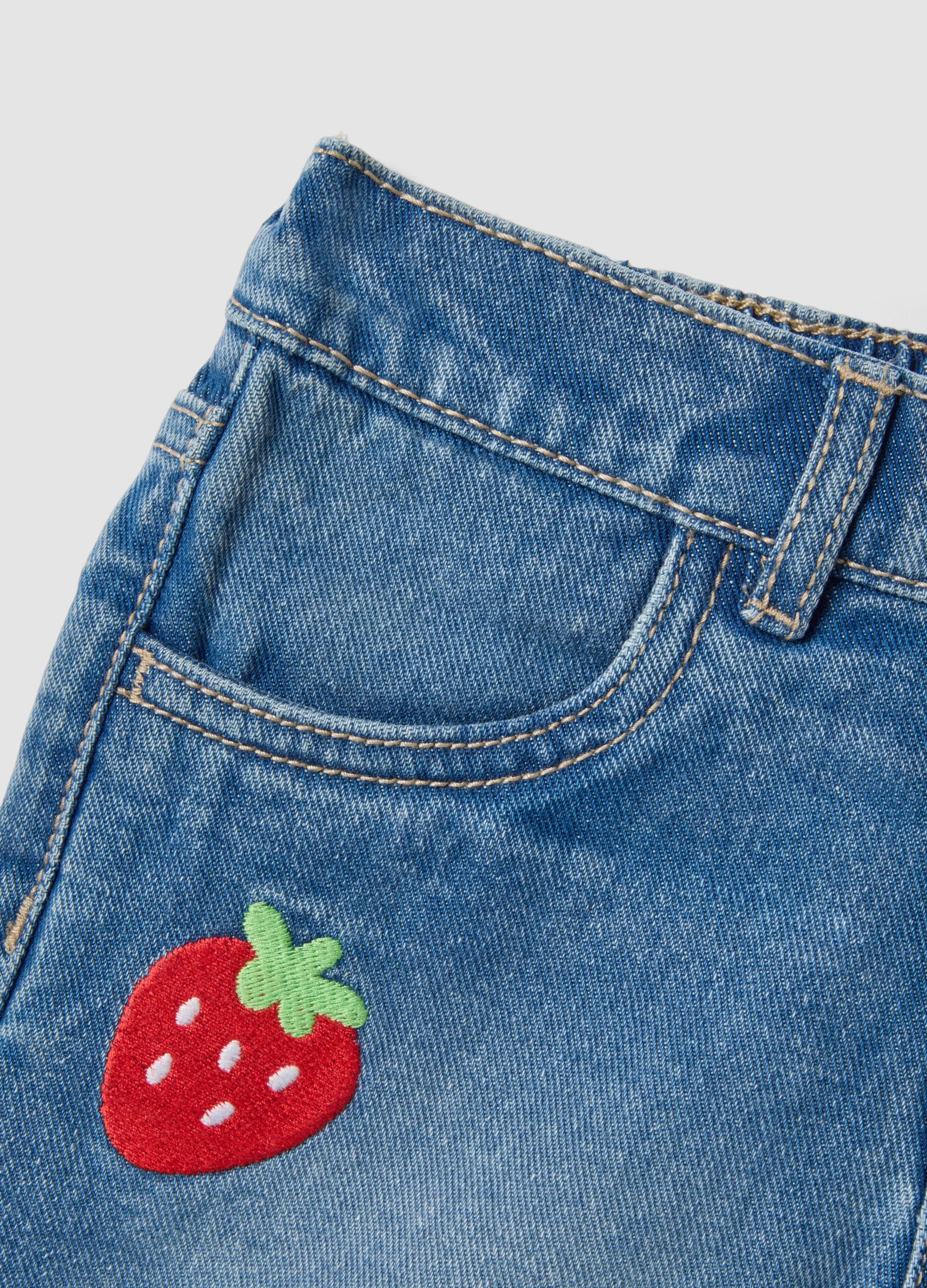 Blue pure cotton girls&rsquo; denim shorts, wide leg with embroidery