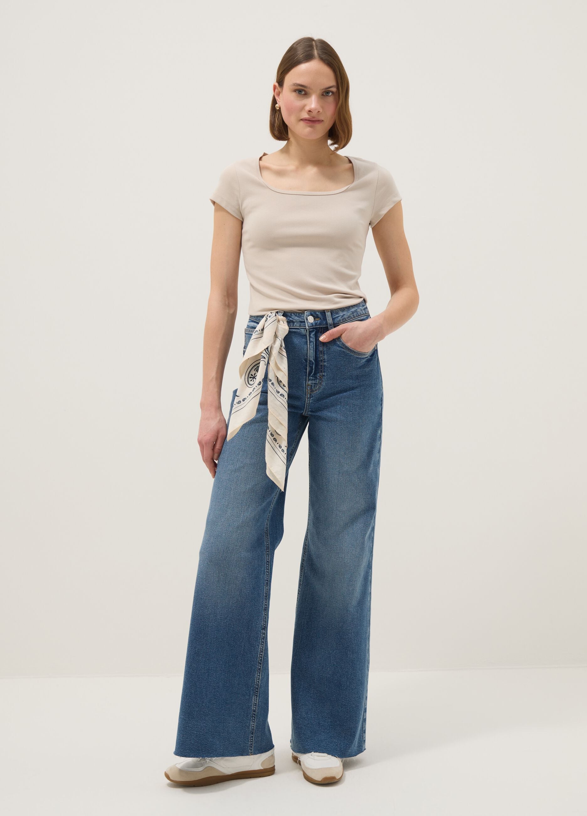 Beige fitted stretch-cotton T-shirt with square neckline