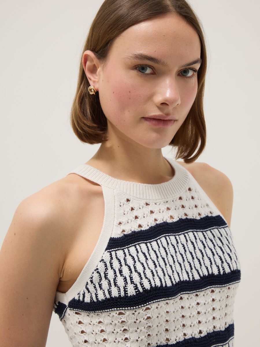 Canotta fitted in puro cotone a righe multicolor con texture a rete_0
