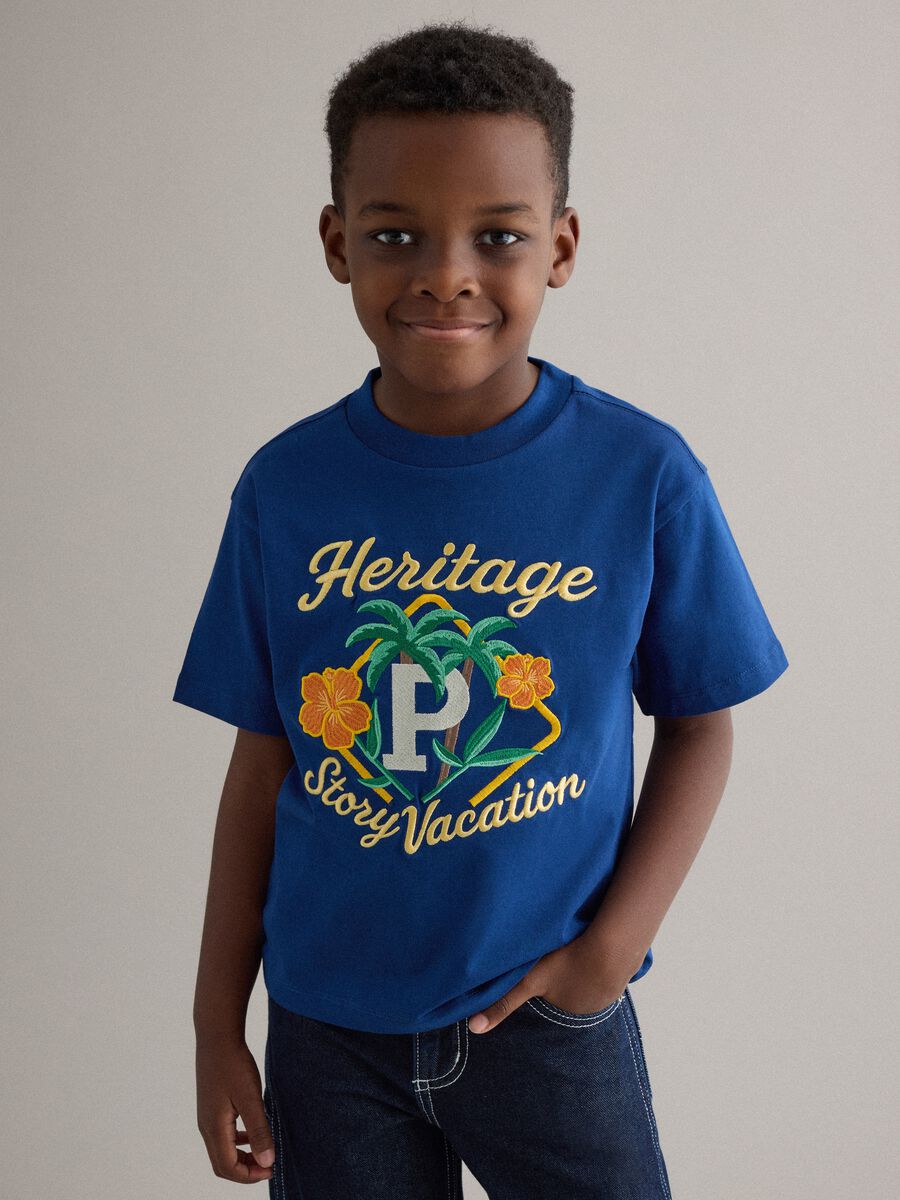Regular fit blue pure cotton kids' T-shirt with embroidery_0