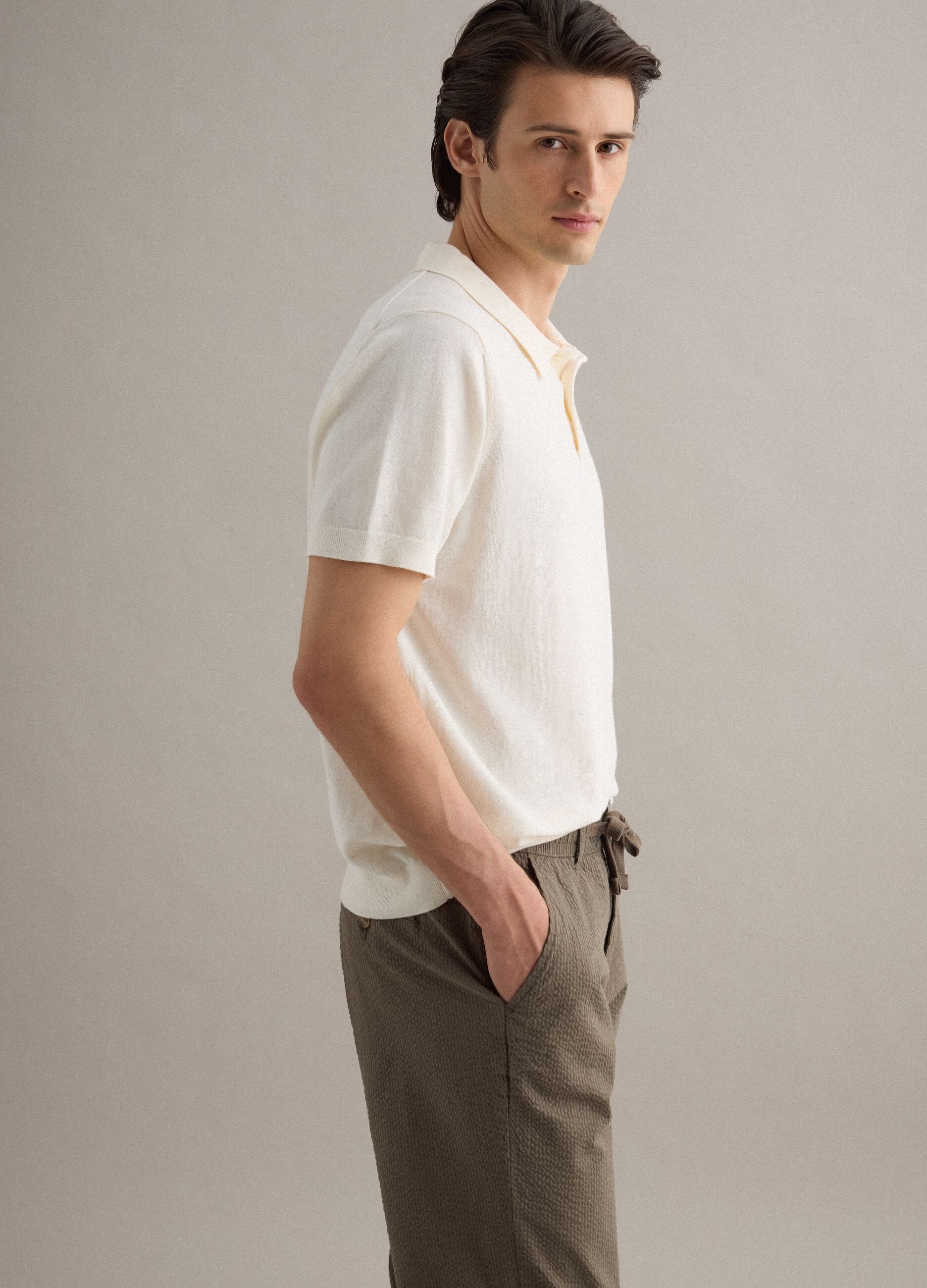 Regular fit white polo in cotton, linen, and silk blend
