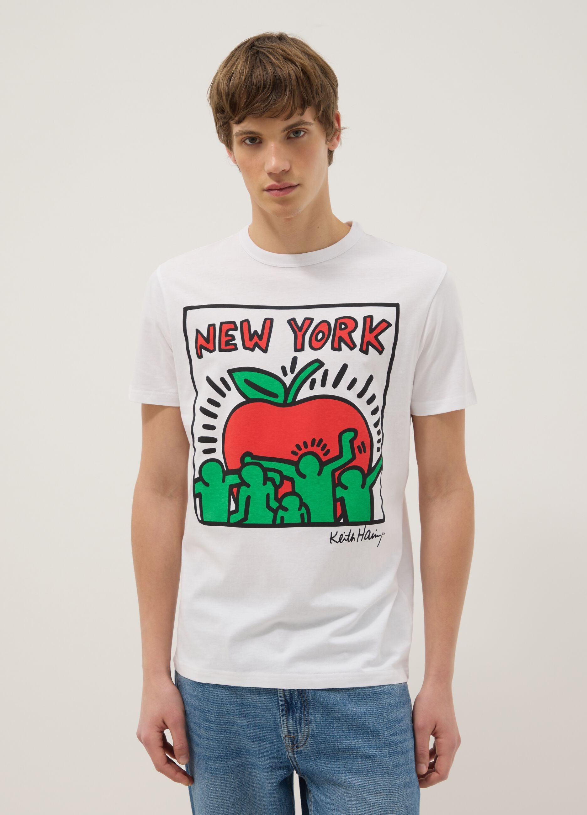 White pure cotton regular fit T-shirt with Keith Haring print