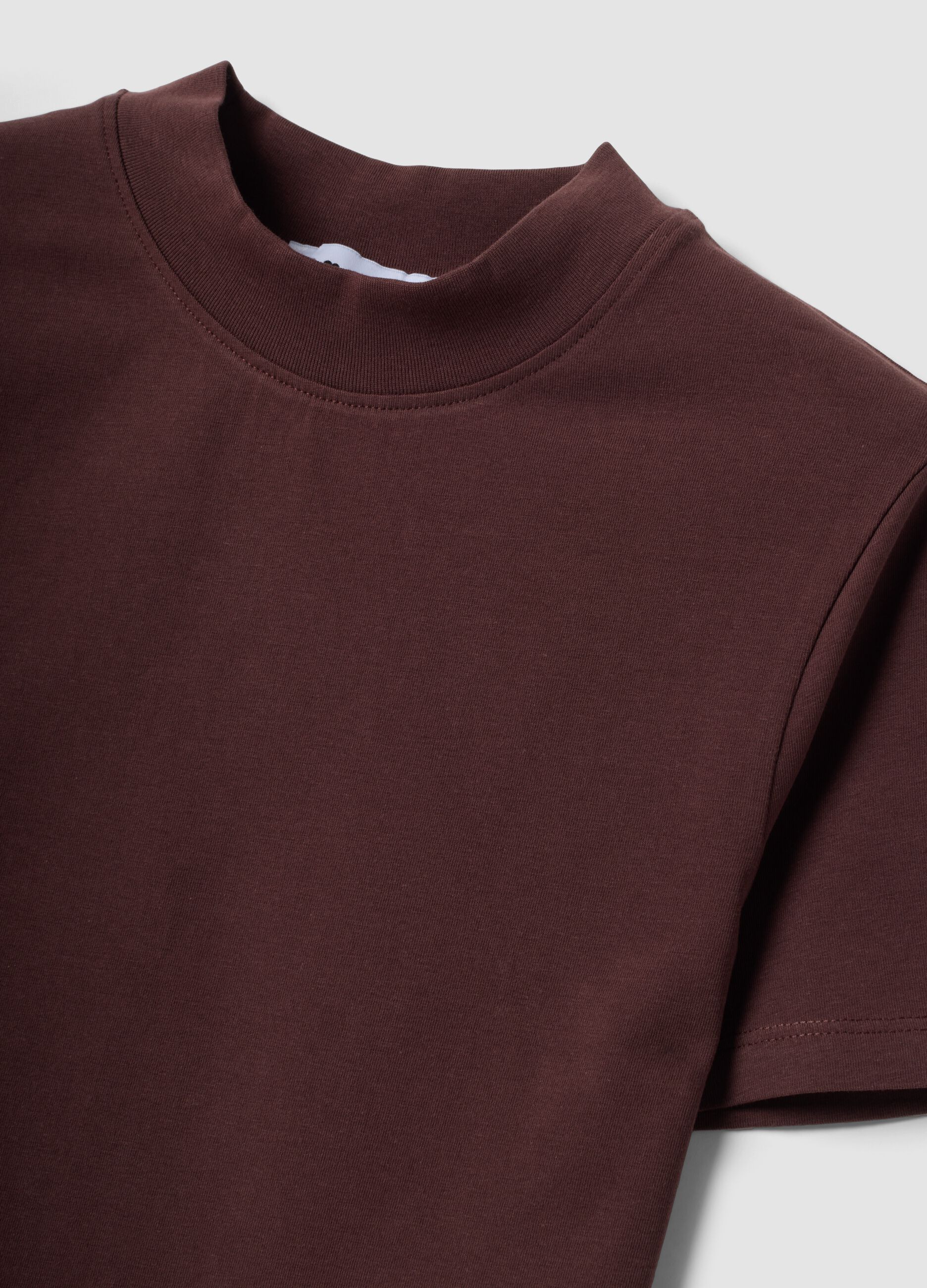 Brown fitted stretch-cotton T-shirt with high neckline