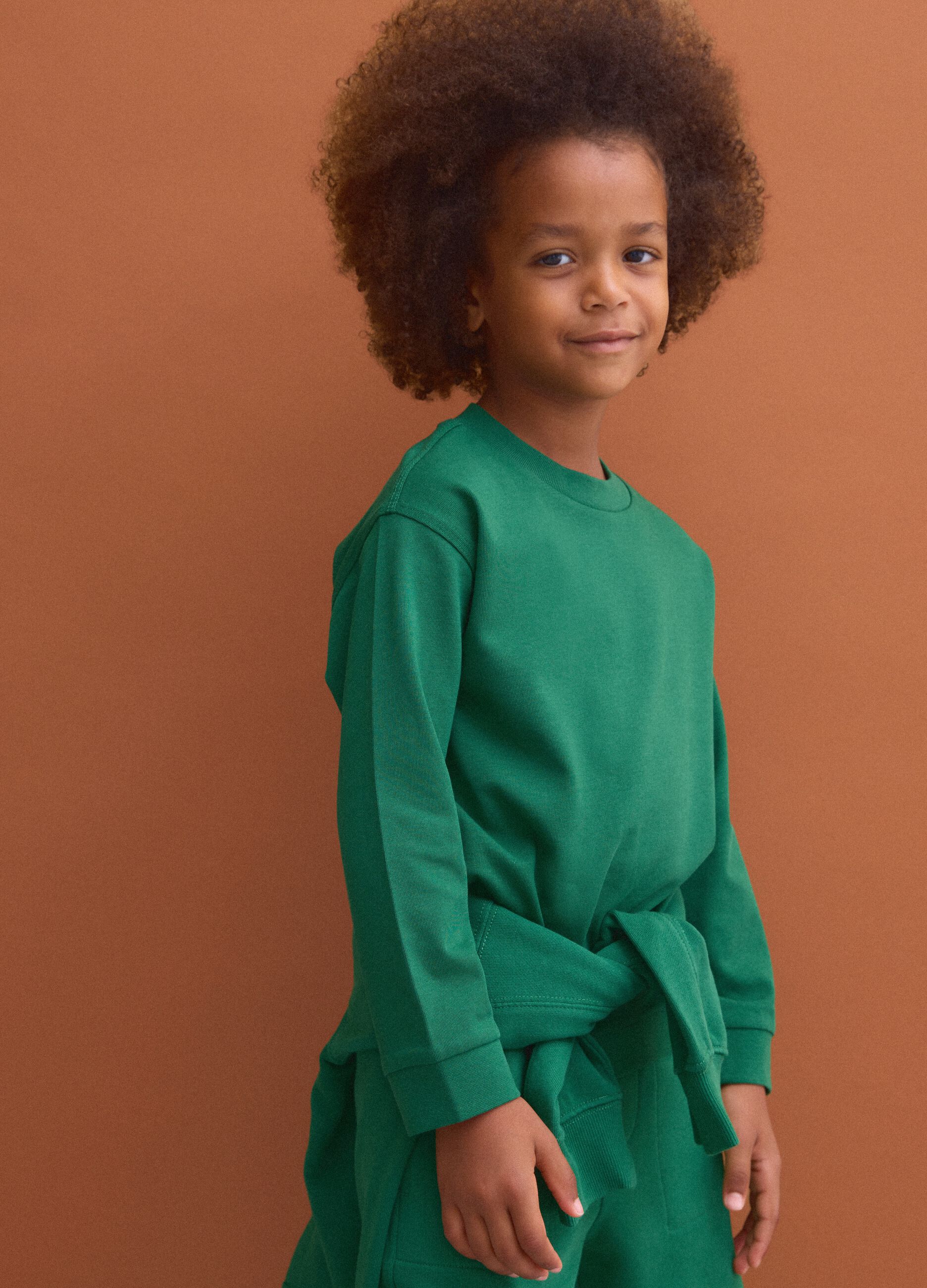 Green long-sleeve crew-neck pure cotton T-shirt for boys
