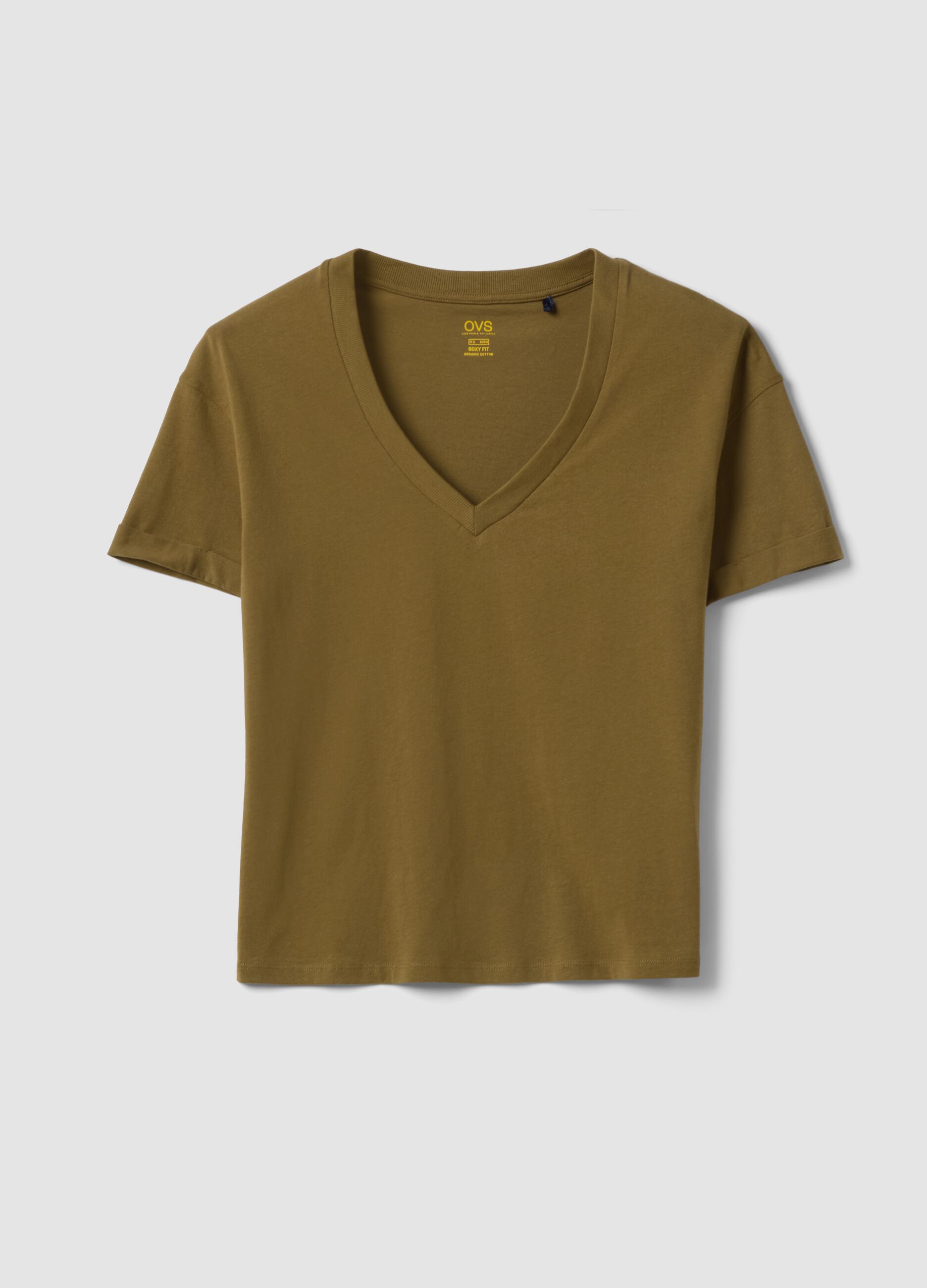 Green pure cotton V-neck relaxed fit T-shirt