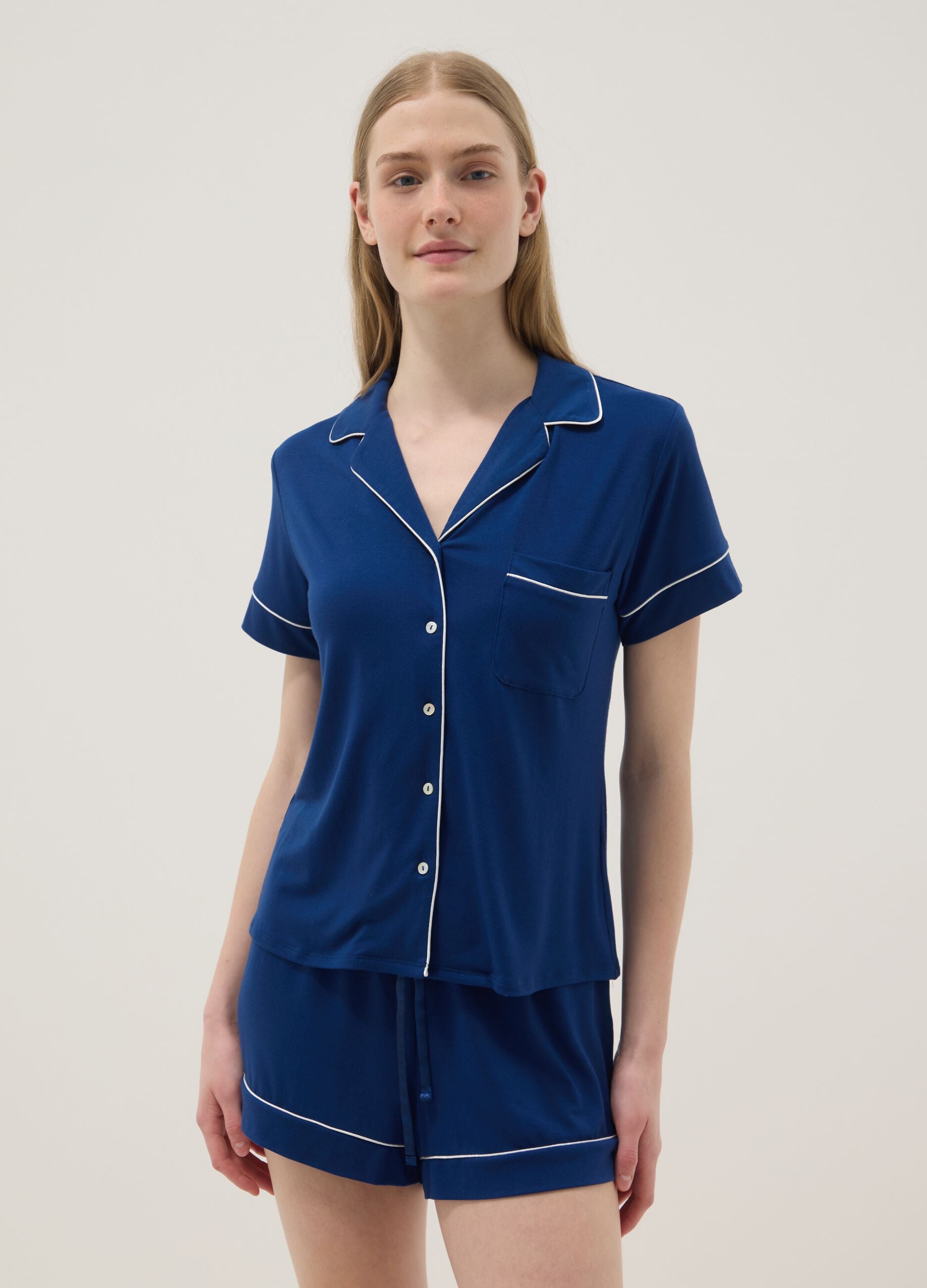Blue Regular Fit Stretch Viscose Blend Pyjama Top