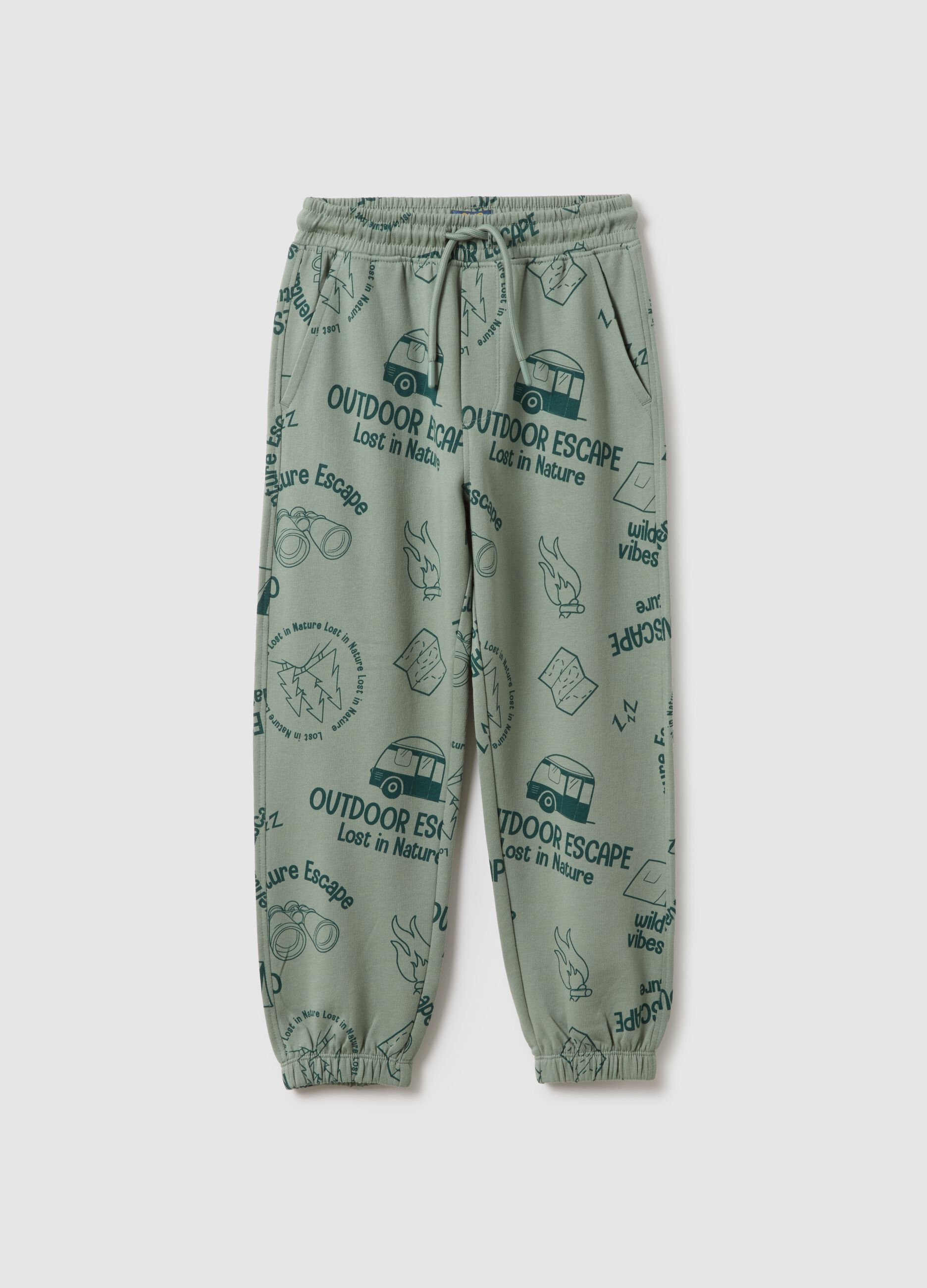 Children's green pure cotton regular fit trousers with print