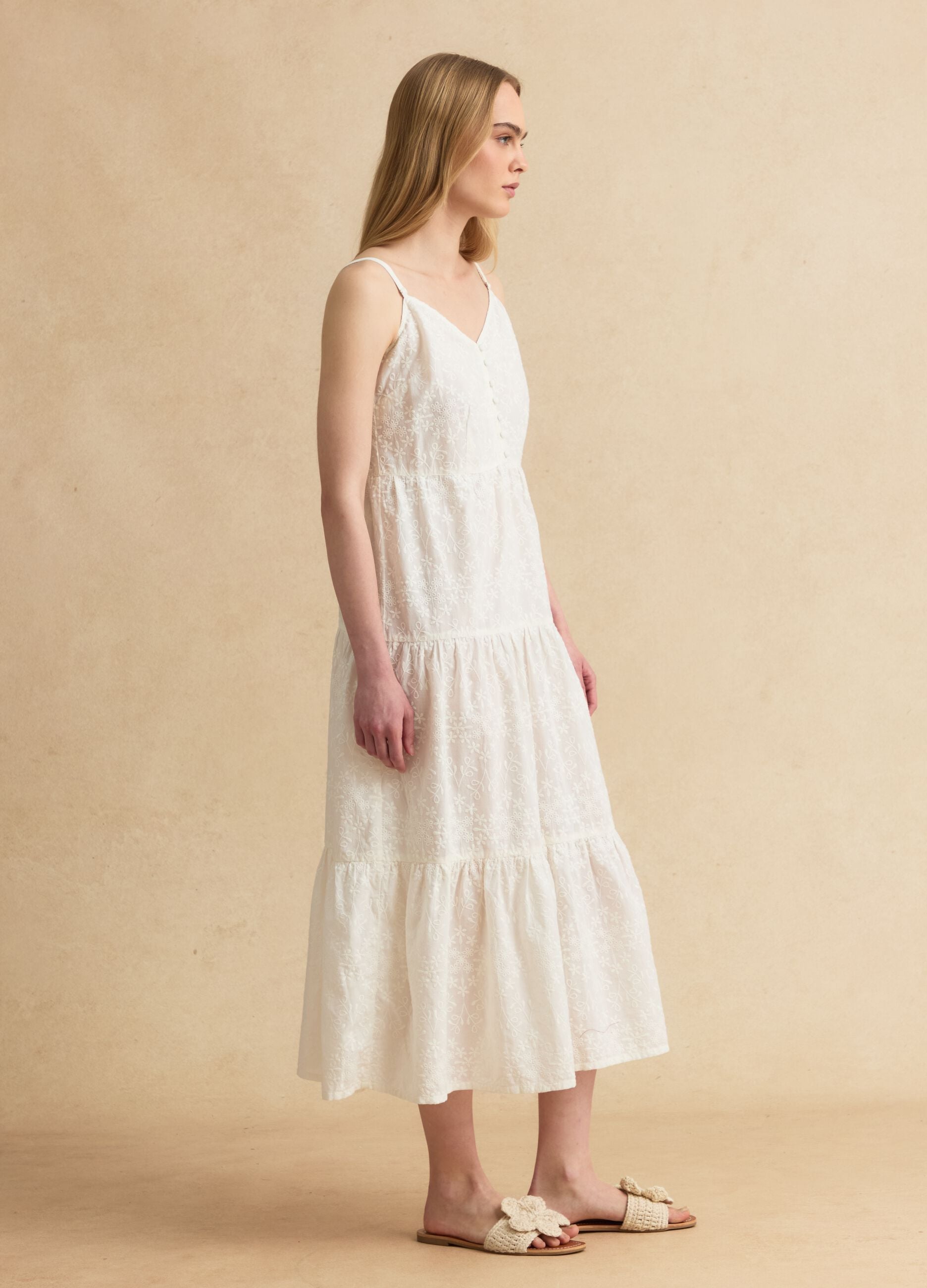 White pure cotton midi dress with embroidery