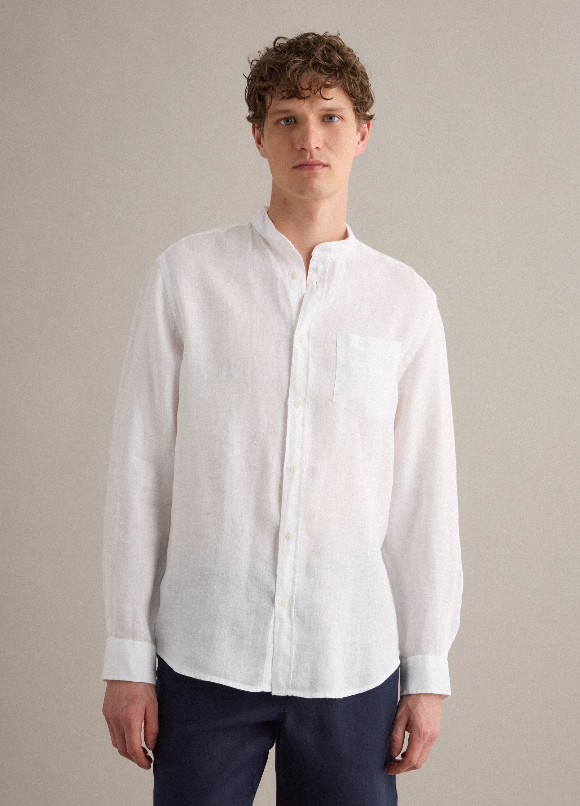 White pure linen shirt with band collar