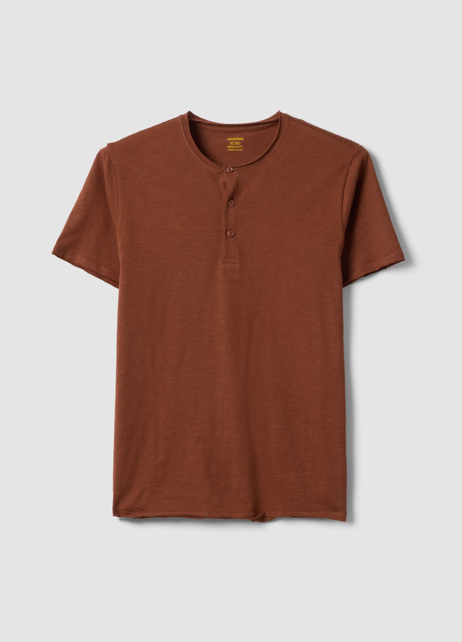 Brown pure cotton regular fit T-shirt with Henley collar