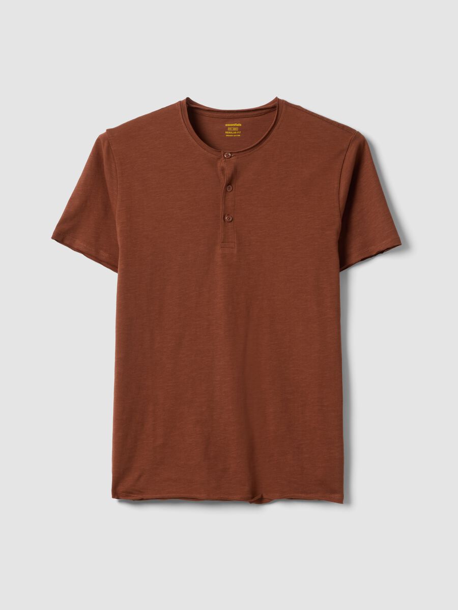 Brown pure cotton regular fit T-shirt with Henley collar_4