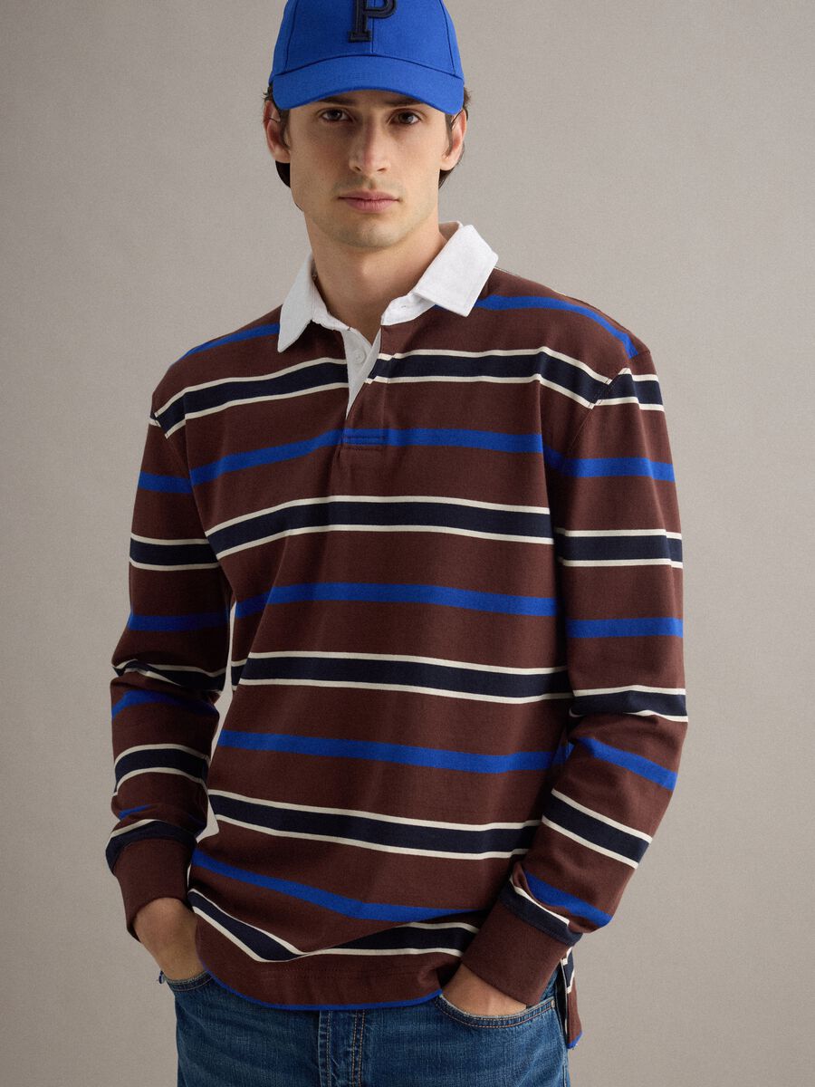 Multicolour striped long-sleeve polo in pure cotton, regular fit_0