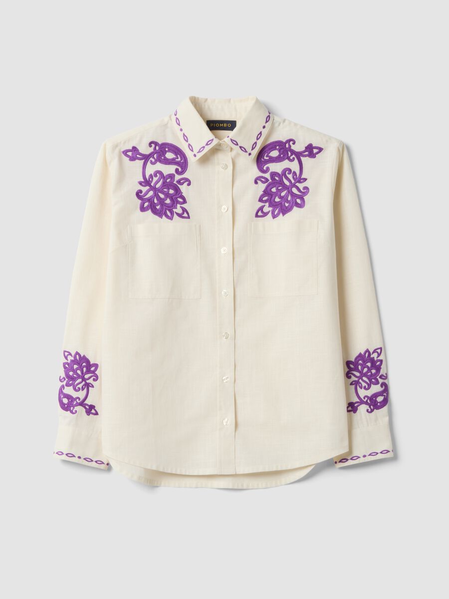 White pure cotton oversized shirt with purple embroidery_4