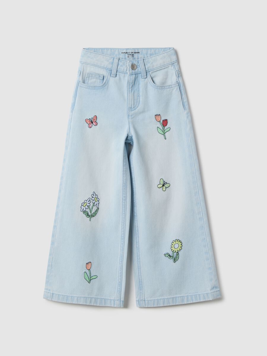 Girl's light blue pure cotton flare jeans with floral embroidery_0
